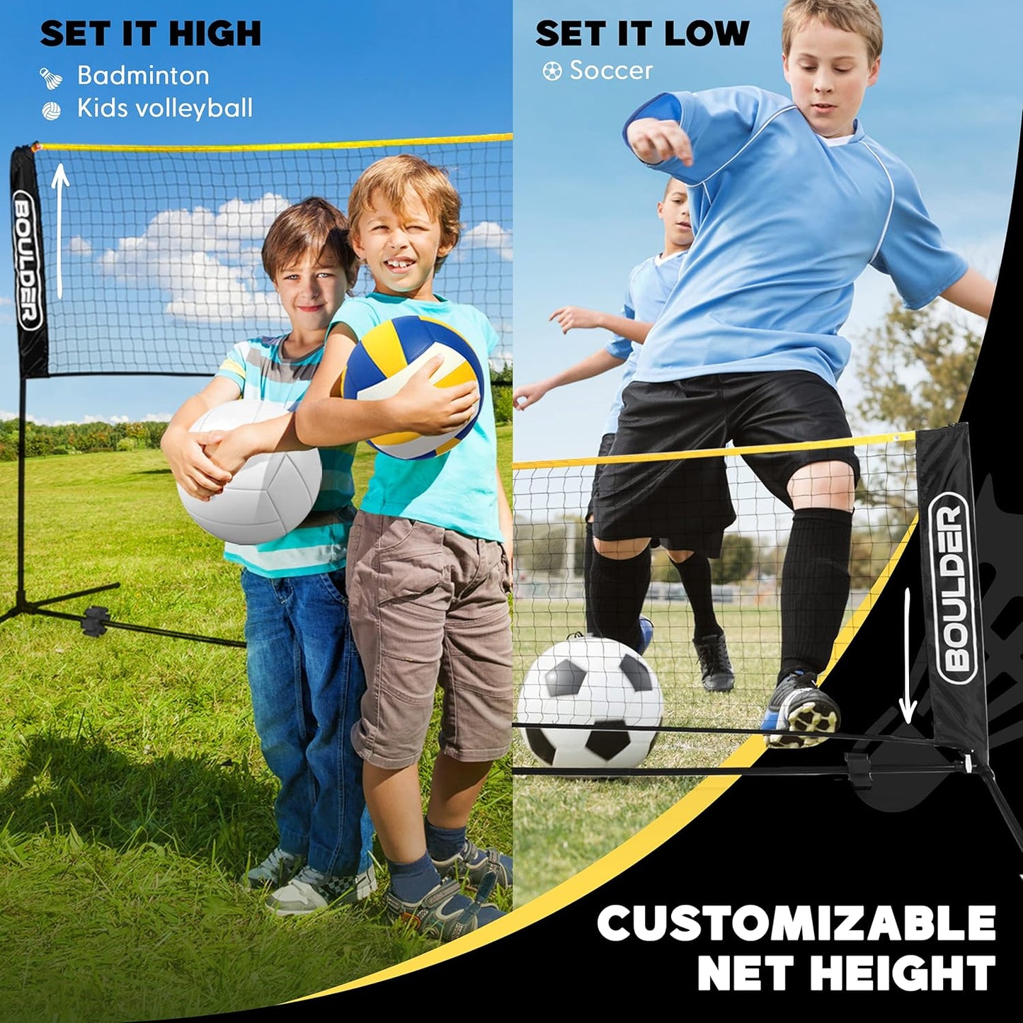 Boulder Portable Badminton Pickleball Net - Foldable/Extendable Poles for Multiple Sports Heights (UP to 5 ft) - Ideal for Tennis, Pickleball, Soccer Tennis - Easy Setup - Tennis Mindset