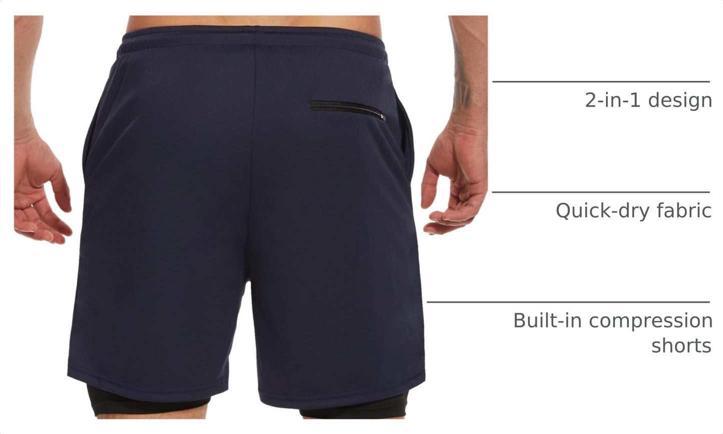 Kinglaman 1/4 Pack Men's 2 in 1 Lined Running Shorts Gym Athletic Shorts - Tennis Mindset