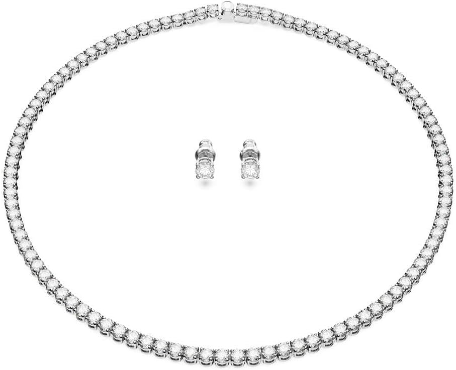 Swarovski Matrix Tennis Jewelry Set, All-Round Necklace and Pierced Stud Earrings with Clear Crystals on a Rhodium Finished Setting, Part of the Matrix Tennis Collection - Tennis Mindset