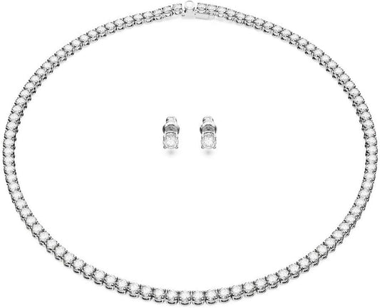 Swarovski Matrix Tennis Jewelry Set, All-Round Necklace and Pierced Stud Earrings with Clear Crystals on a Rhodium Finished Setting, Part of the Matrix Tennis Collection - Tennis Mindset