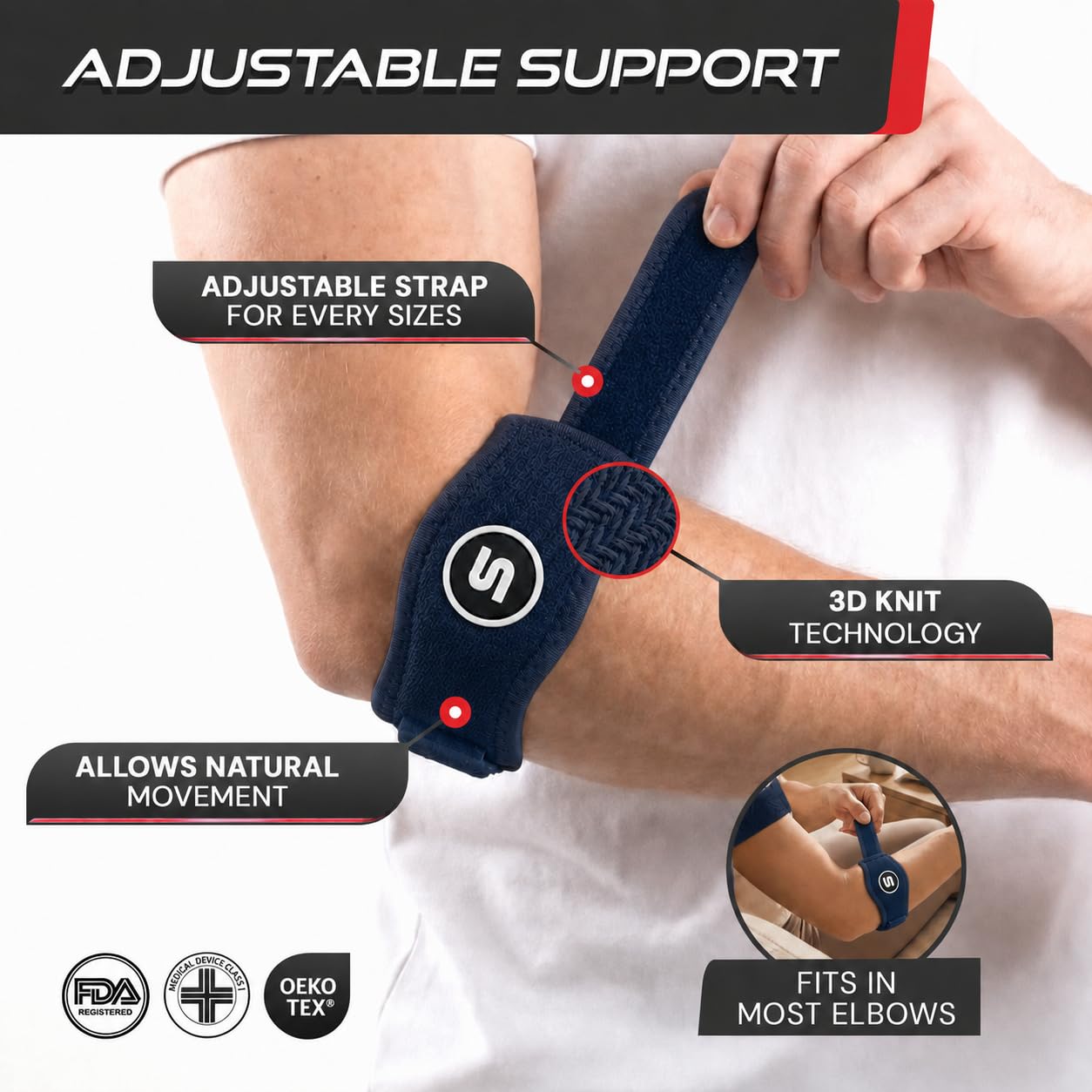 Sleeve Stars Tennis Elbow Brace for Men & Women, Elbow Brace for Tendonitis, Tennis Elbow Strap, Golfers Elbow Brace, Elbow Support Wrap for Tennis Elbow Relief, Fits 9"-23" (Single/Black) - Tennis Mindset