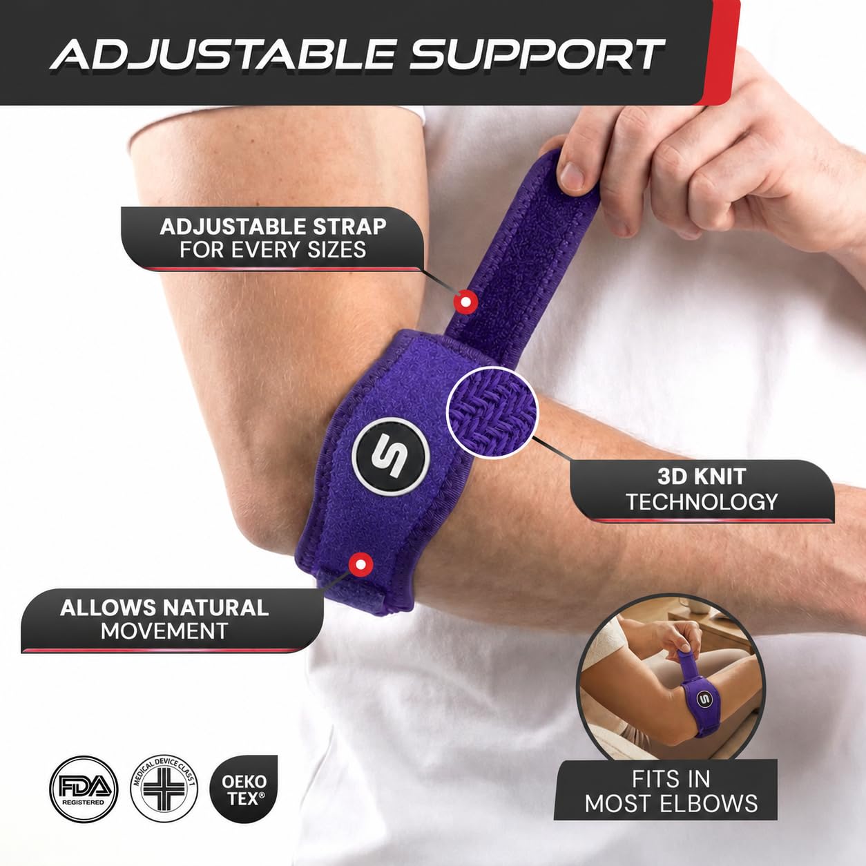Sleeve Stars Tennis Elbow Brace for Men & Women, Elbow Brace for Tendonitis, Tennis Elbow Strap, Golfers Elbow Brace, Elbow Support Wrap for Tennis Elbow Relief, Fits 9"-23" (Single/Black) - Tennis Mindset