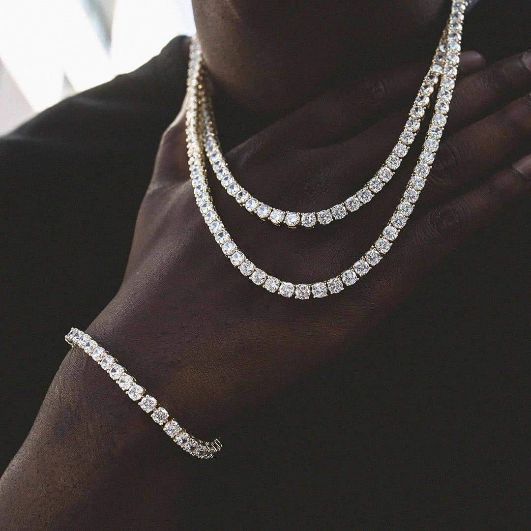JINAO 6MM Tennis Chain Necklace 18k Gold Plated 1 Row Lab Simulated Diamond Iced Out Cubic Zirconia Chain Men's Hip hop Tennis Choker Necklace Chain for Men Women - Tennis Mindset