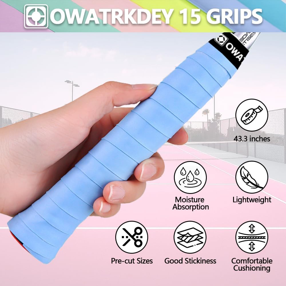 15 Pack Tennis Racket Grip Tape, Precut PU Anti-Slip Tennis Racquet Grip Tape with Dry Feel, Sweat Absorption, Comfortable Handle Overgrip Grip Wrap for Tennis/Badminton/Pickleball