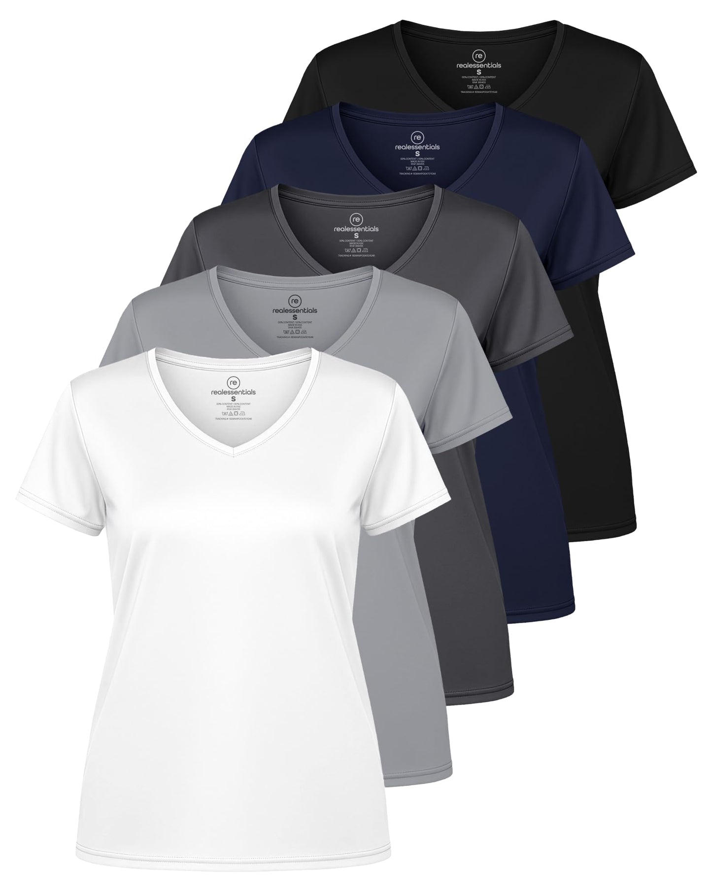 Real Essentials 5 Pack: Women's Dry-Fit Short Sleeve V Neck T Shirt Workout Fitness Yoga Top Tee (Available in Plus Size)