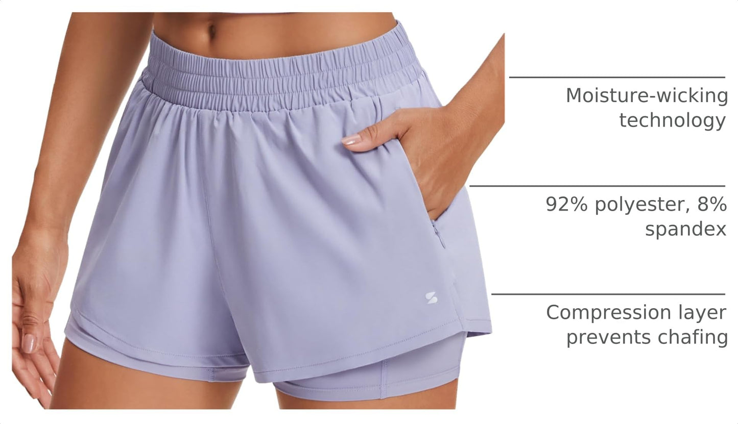 Stelle Women's 2 in 1 Running Shorts Gym Athletic Shorts with Zip Pockets - Tennis Mindset