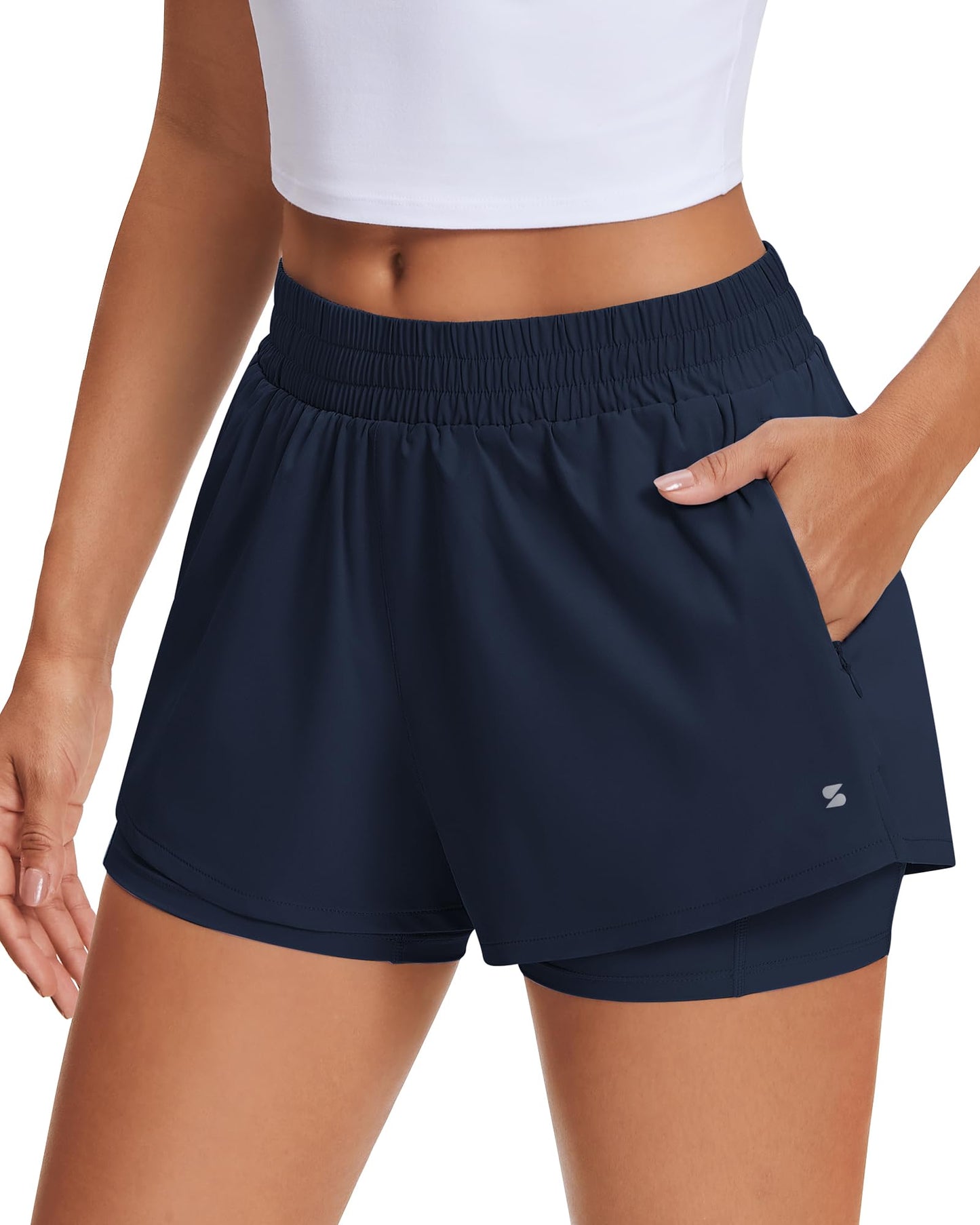 Stelle Women's 2 in 1 Running Shorts Gym Athletic Shorts with Zip Pockets - Tennis Mindset