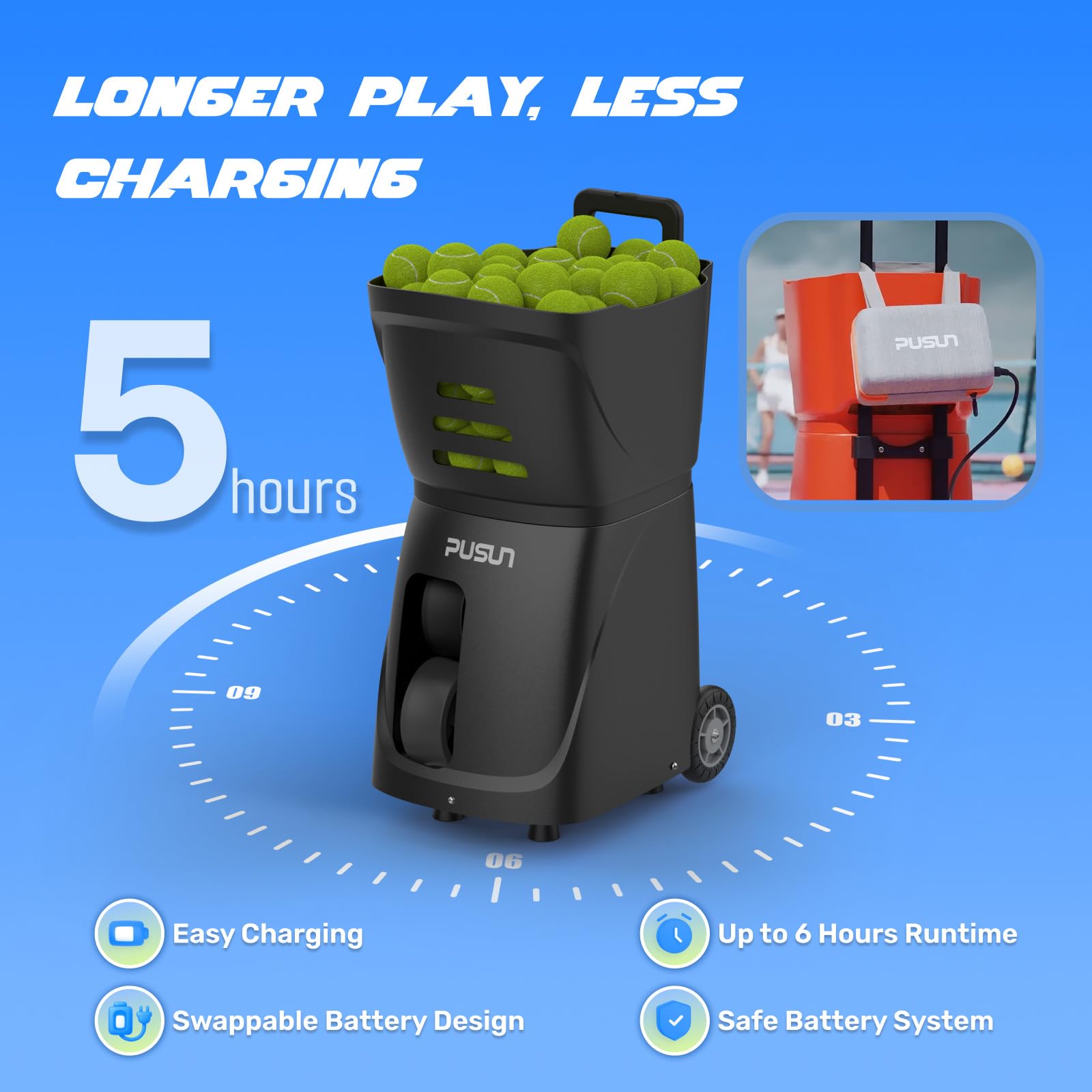PUSUN｜PT-Smart Tennis Ball Machine: App Control with 12 Built-in Training Modes,6-Level Spin,28-Pt,75 MPH,32.6 lbs,100+ Ball,5H Battery, Portable, for Tennis/Padel,Training, Practice,Beginners to Pros - Tennis Mindset