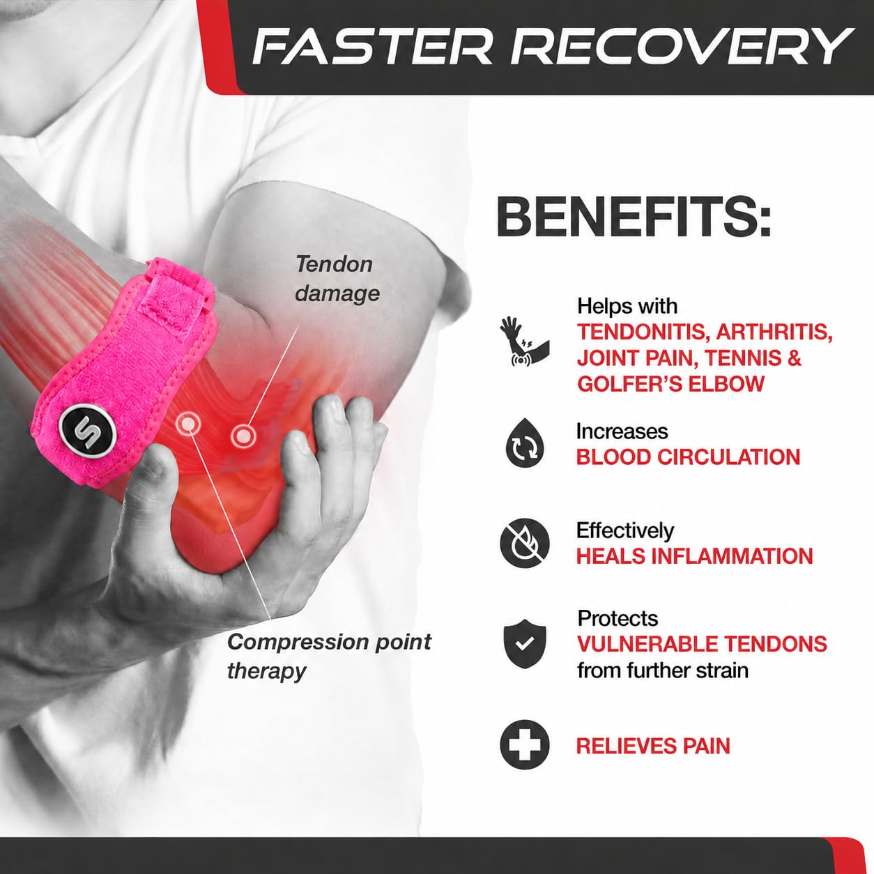 Sleeve Stars Tennis Elbow Brace for Men & Women, Elbow Brace for Tendonitis, Tennis Elbow Strap, Golfers Elbow Brace, Elbow Support Wrap for Tennis Elbow Relief, Fits 9"-23" (Single/Black) - Tennis Mindset