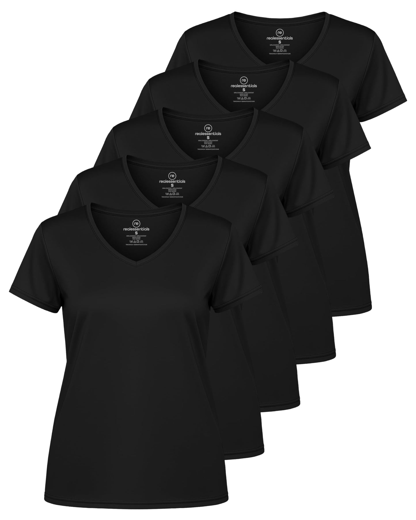 Real Essentials 5 Pack: Women's Dry-Fit Short Sleeve V Neck T Shirt Workout Fitness Yoga Top Tee (Available in Plus Size)