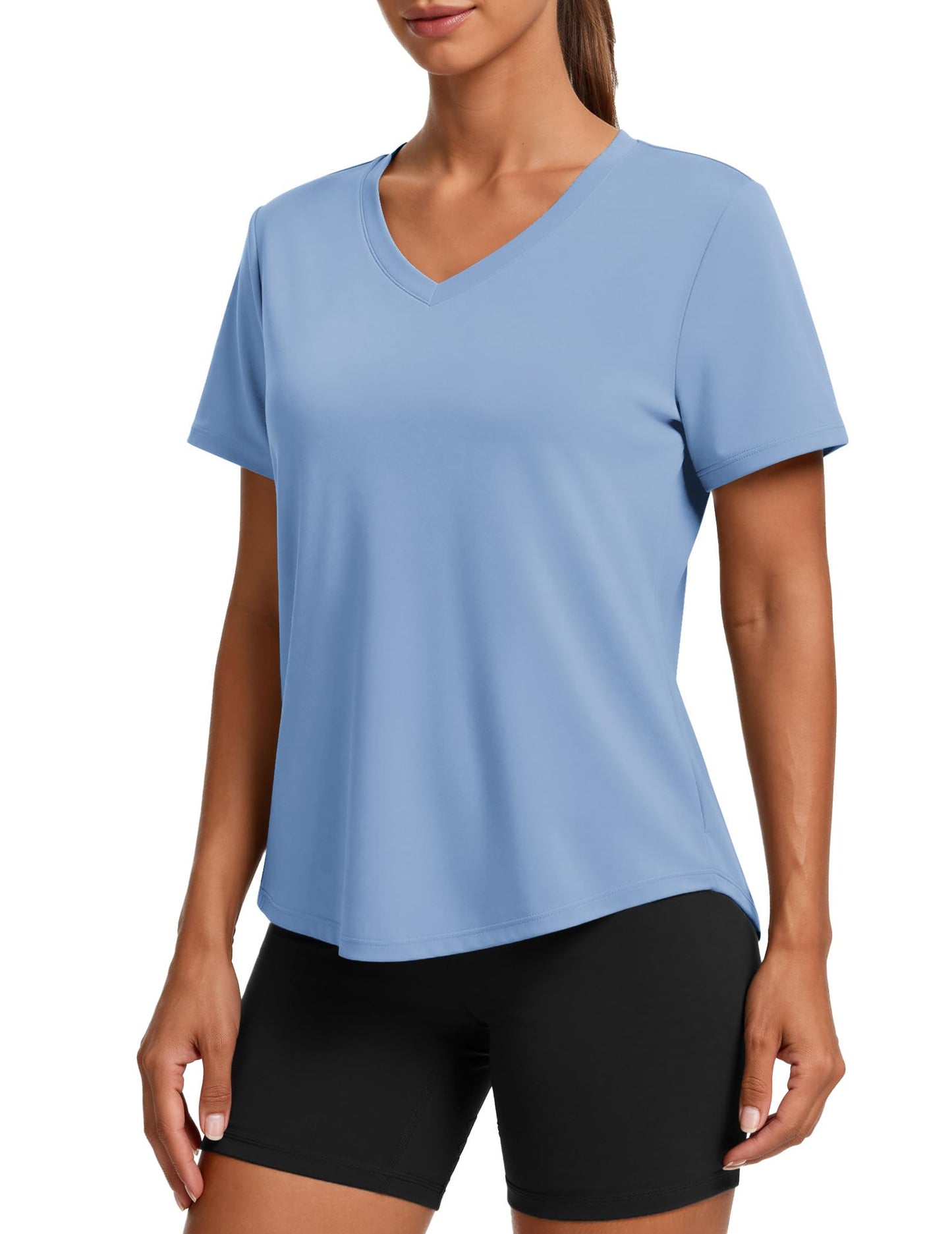 PINSPARK V Neck Workout Tops for Women Short Sleeve Quick Dry Shirts