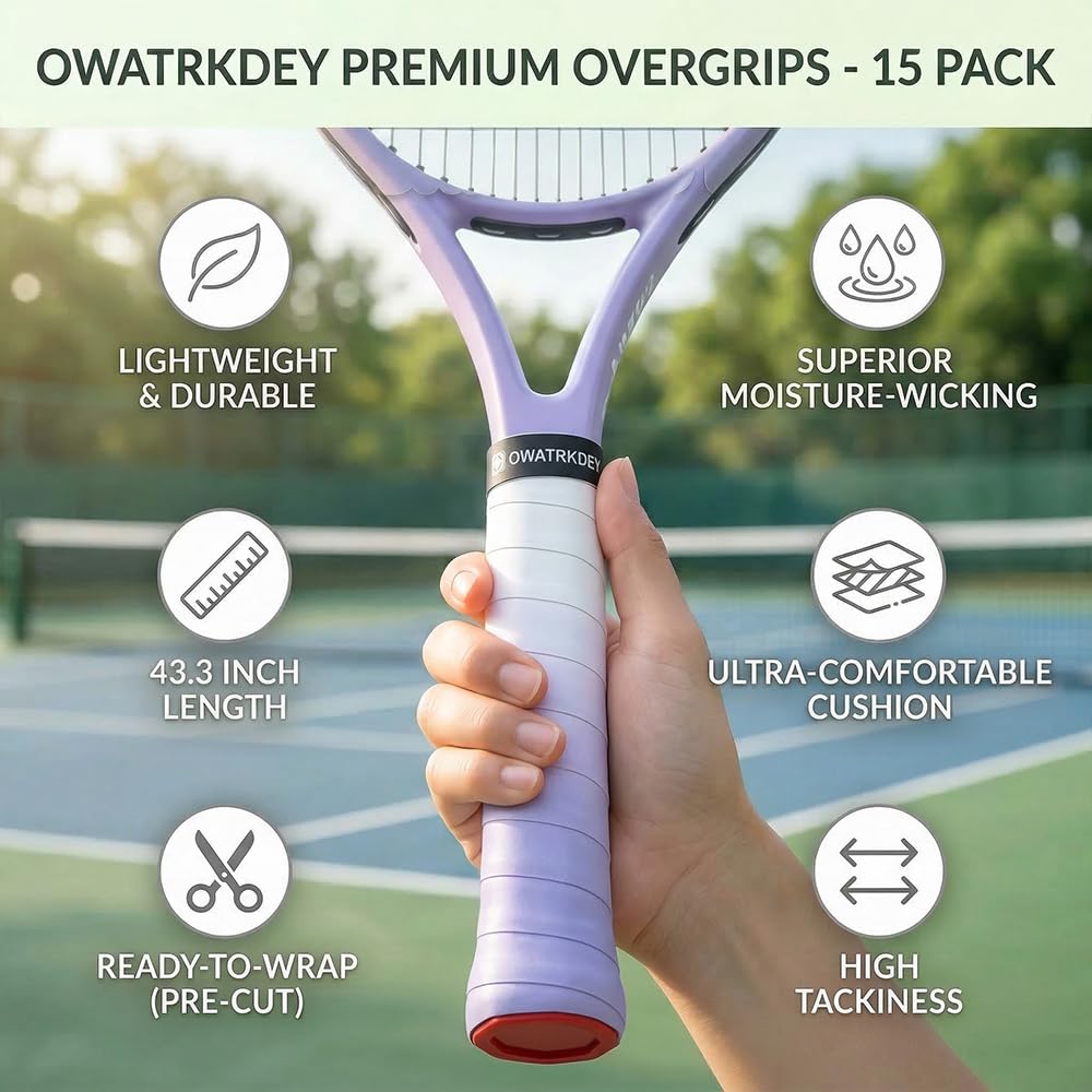 15 Pack Tennis Racket Grip Tape, Precut PU Anti-Slip Tennis Racquet Grip Tape with Dry Feel, Sweat Absorption, Comfortable Handle Overgrip Grip Wrap for Tennis/Badminton/Pickleball