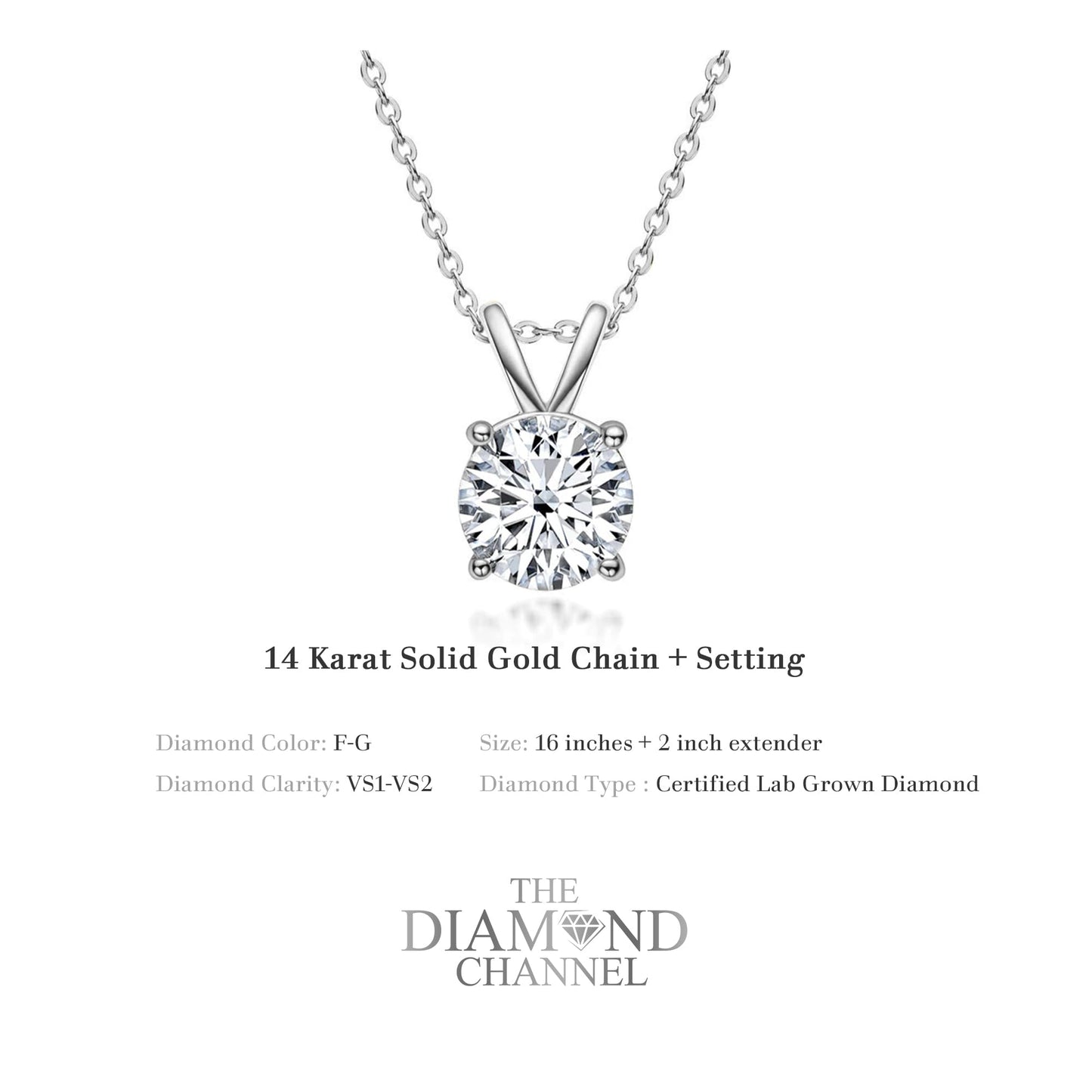The Diamond Channel Certified LAB GROWN 0.25-4.00ct Diamond Necklace for Women, 14 Karat Solid Gold 4-Prong Necklace, Gold Diamond Necklace For Women(16 + 2 Inch Extender) - Tennis Mindset