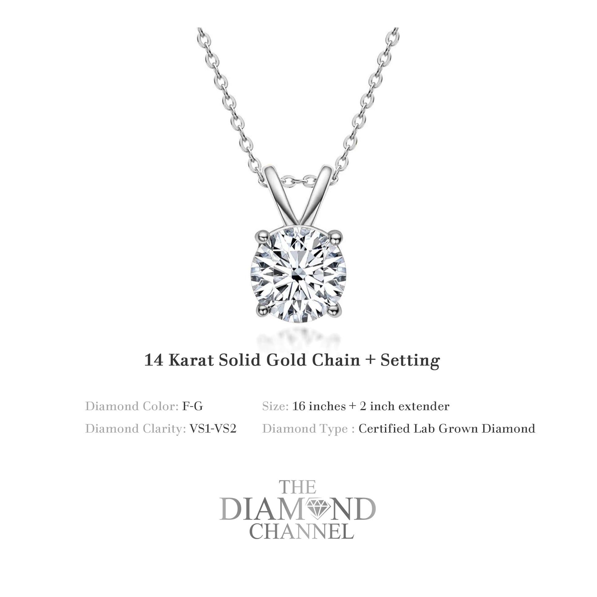 The Diamond Channel Certified LAB GROWN 0.25-4.00ct Diamond Necklace for Women, 14 Karat Solid Gold 4-Prong Necklace, Gold Diamond Necklace For Women(16 + 2 Inch Extender) - Tennis Mindset