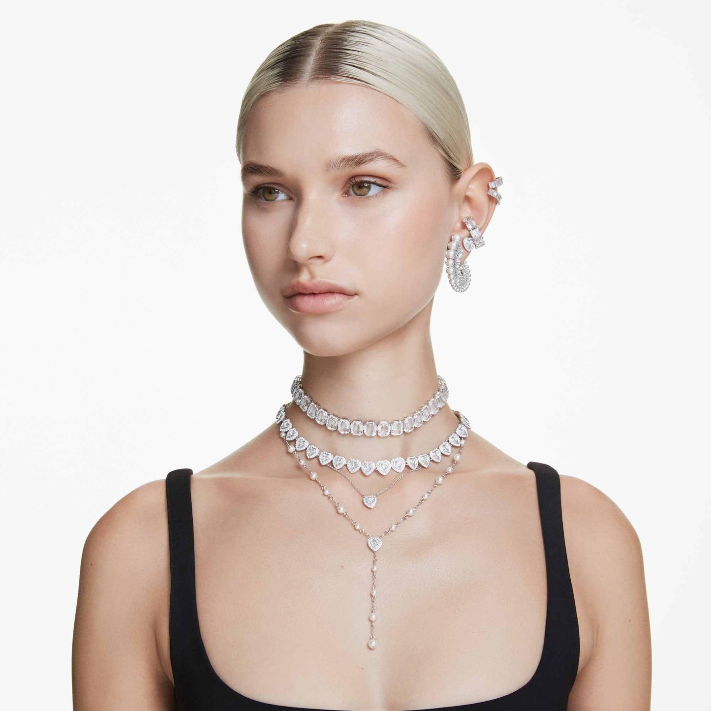 Swarovski Ariana Grande Collection, Clear Crystal & Pearls, Rhodium Finish, Necklaces, Earrings and Bracelets - Tennis Mindset