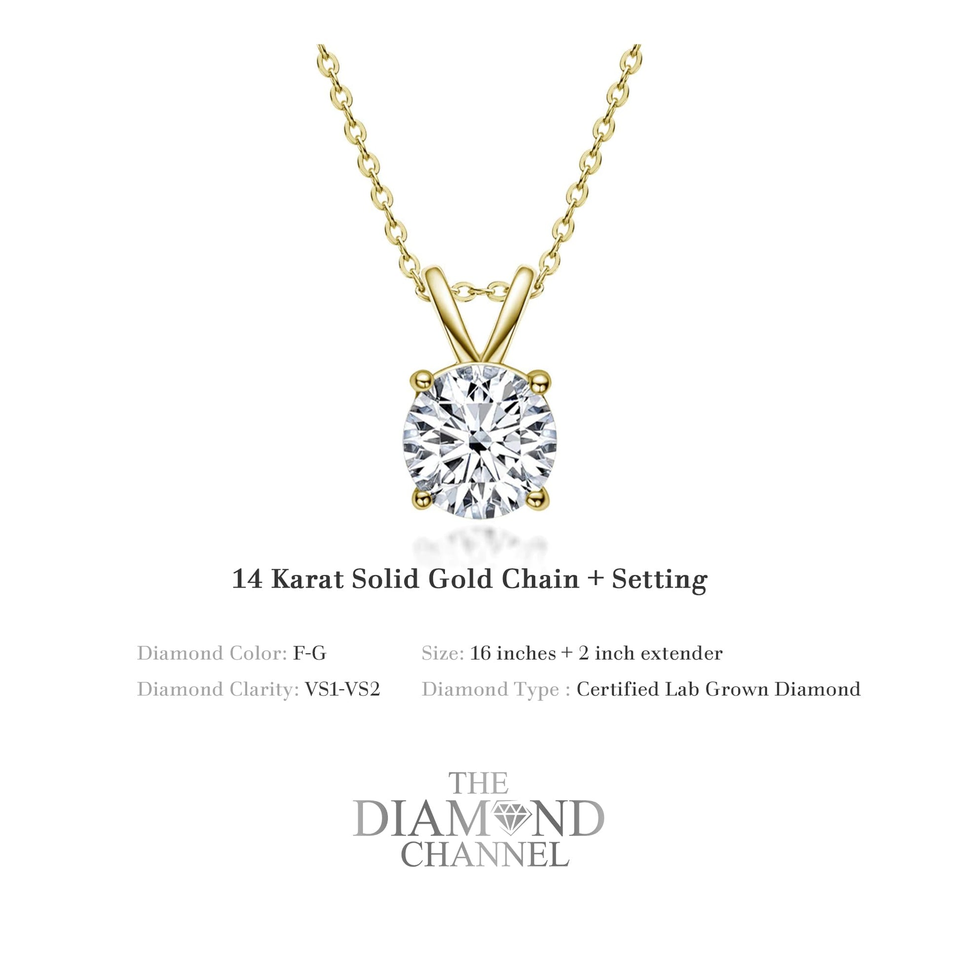 The Diamond Channel Certified LAB GROWN 0.25-4.00ct Diamond Necklace for Women, 14 Karat Solid Gold 4-Prong Necklace, Gold Diamond Necklace For Women(16 + 2 Inch Extender) - Tennis Mindset