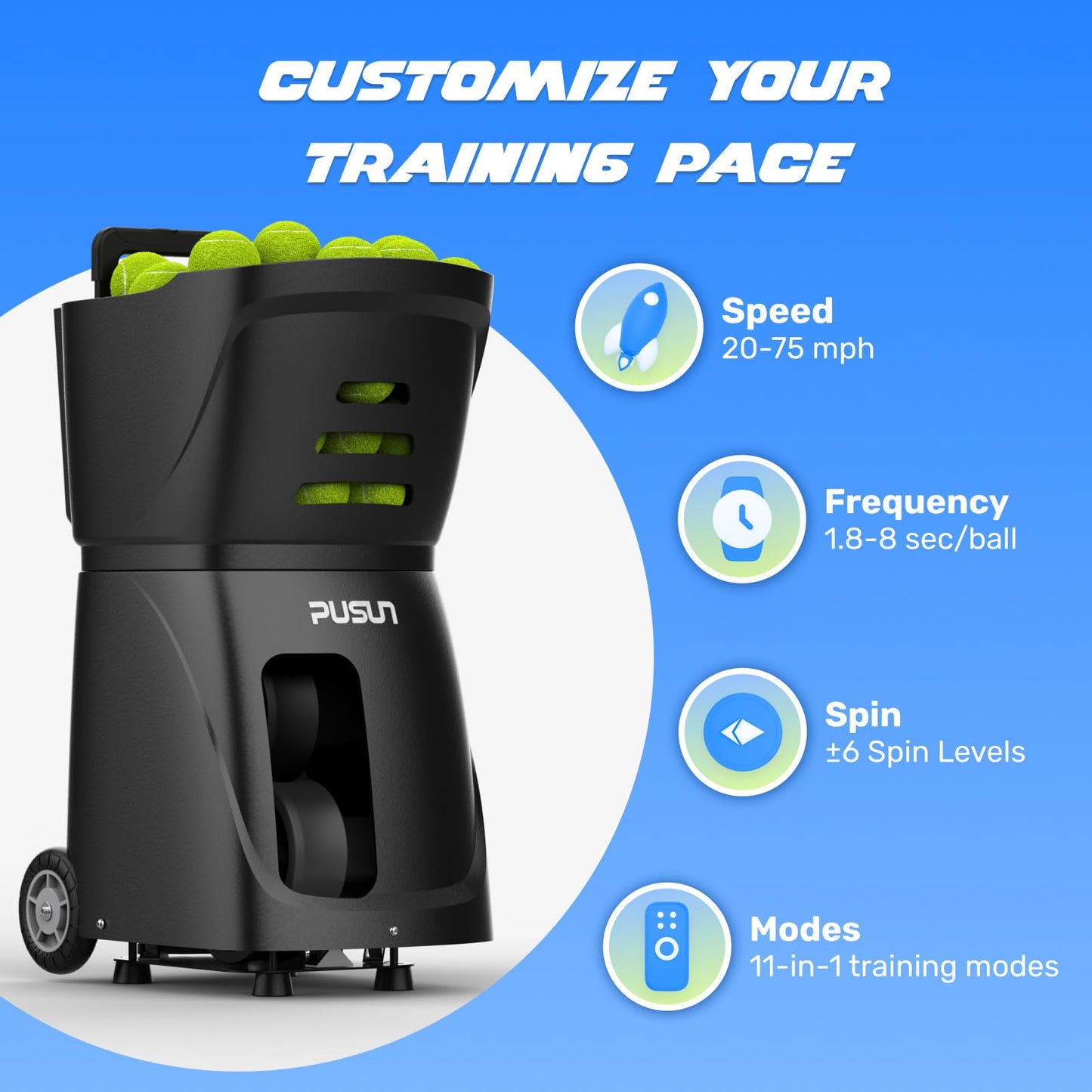 PUSUN｜PT-Smart Tennis Ball Machine: App Control with 12 Built-in Training Modes,6-Level Spin,28-Pt,75 MPH,32.6 lbs,100+ Ball,5H Battery, Portable, for Tennis/Padel,Training, Practice,Beginners to Pros - Tennis Mindset