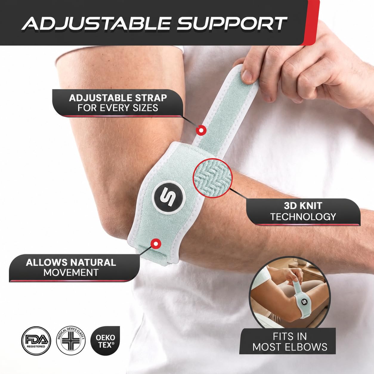 Sleeve Stars Tennis Elbow Brace for Men & Women, Elbow Brace for Tendonitis, Tennis Elbow Strap, Golfers Elbow Brace, Elbow Support Wrap for Tennis Elbow Relief, Fits 9"-23" (Single/Black) - Tennis Mindset