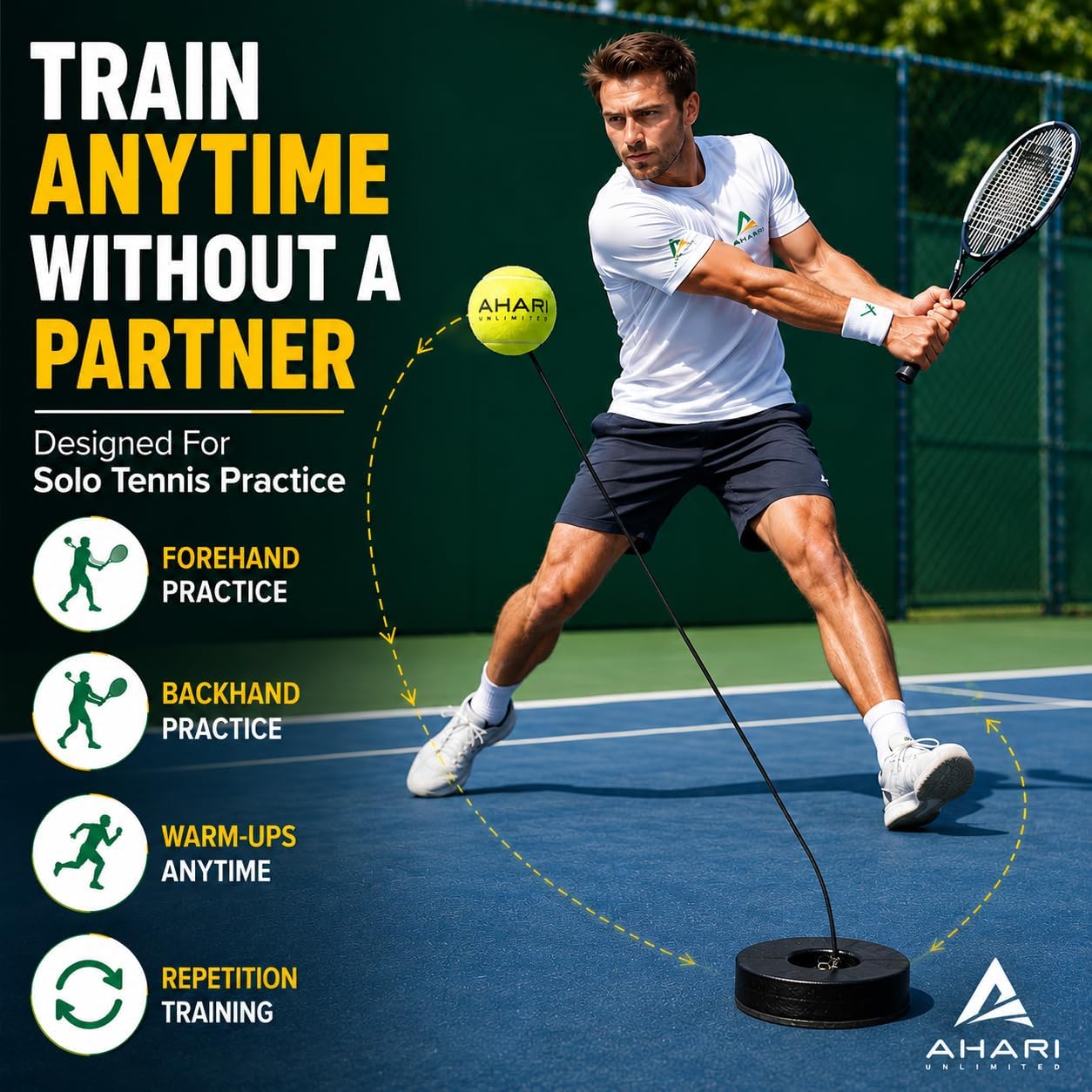 Premium Tennis Trainer Set, Pro Rebounder with Metal Base in a Carrying Cylinder, 3 Replacement Rebound Balls, & Wristband, Portable Tennis Practice Equipment for Solo Training - Tennis Mindset