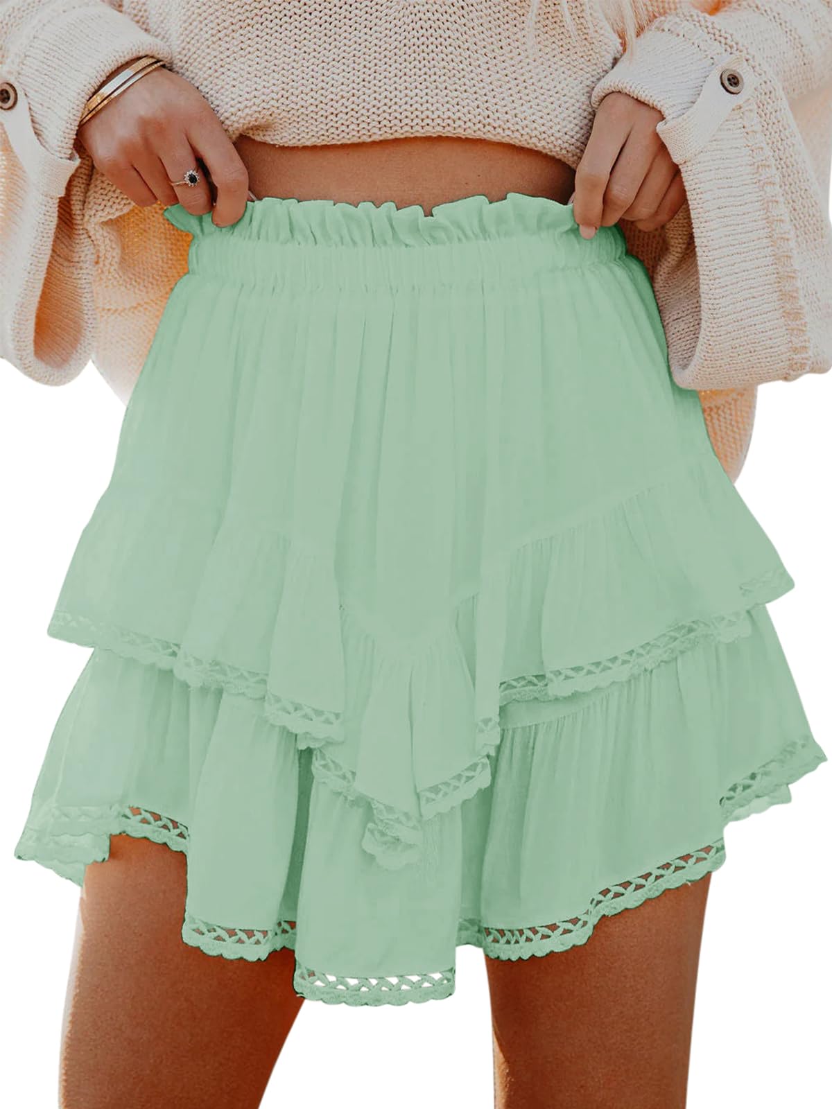 Aoudery Flowy Shorts for Women Casual Boho Ruffle Tiered Skorts High Waist Mini Skirts Golf Tennis Crochet Shorts - Tennis Mindset