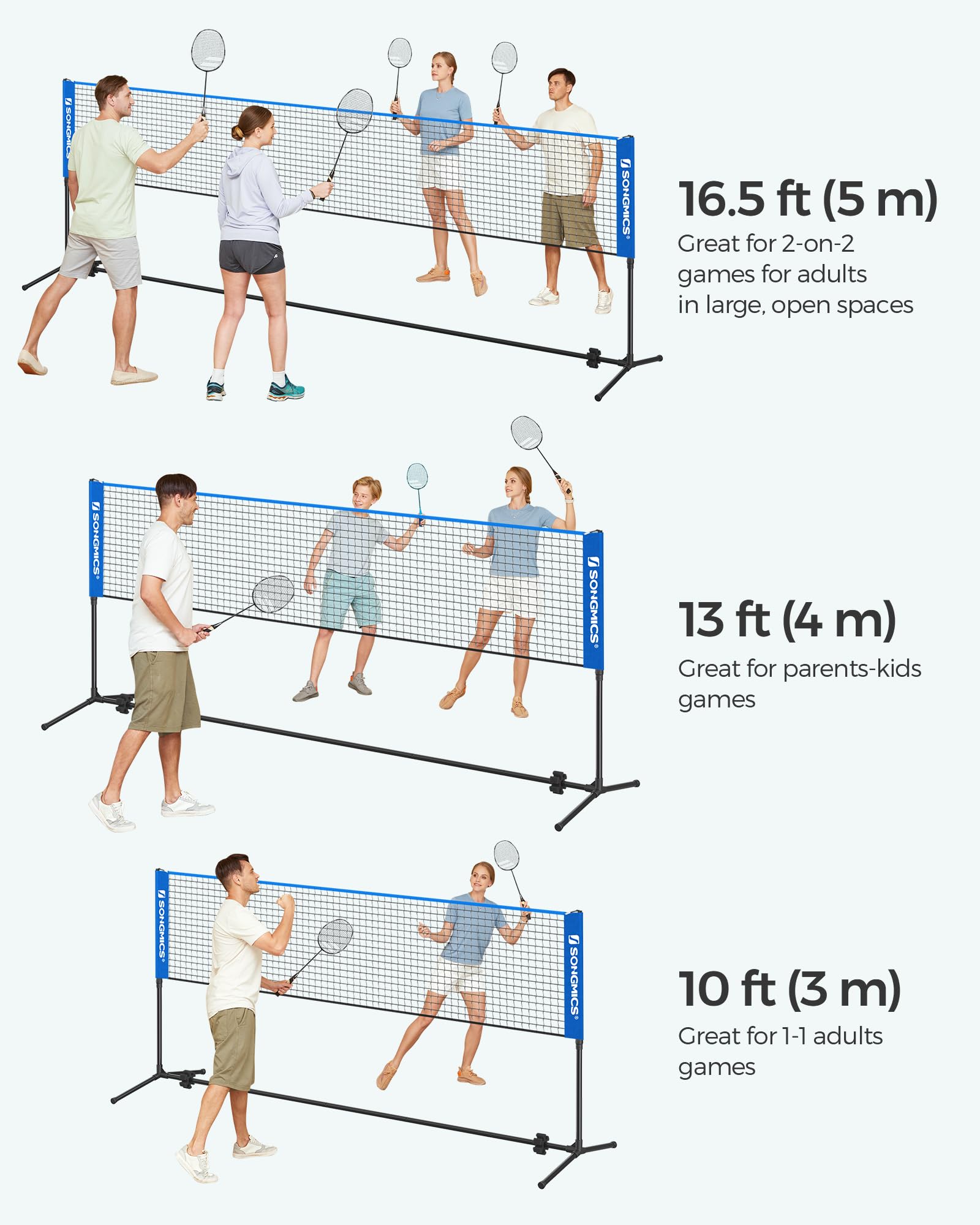 SONGMICS Badminton Net, Height Adjustable Volleyball Net, Pickleball Net for Junior Tennis, Kids, Indoor Outdoor Court, Foldable Nylon Net with Poles 10ft/13ft/16.5ft Wide - Tennis Mindset