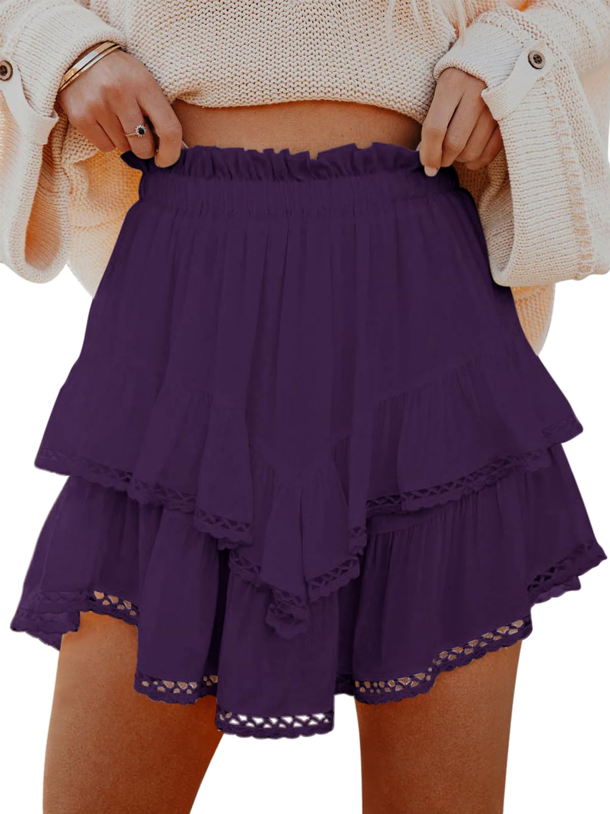 Aoudery Flowy Shorts for Women Casual Boho Ruffle Tiered Skorts High Waist Mini Skirts Golf Tennis Crochet Shorts - Tennis Mindset