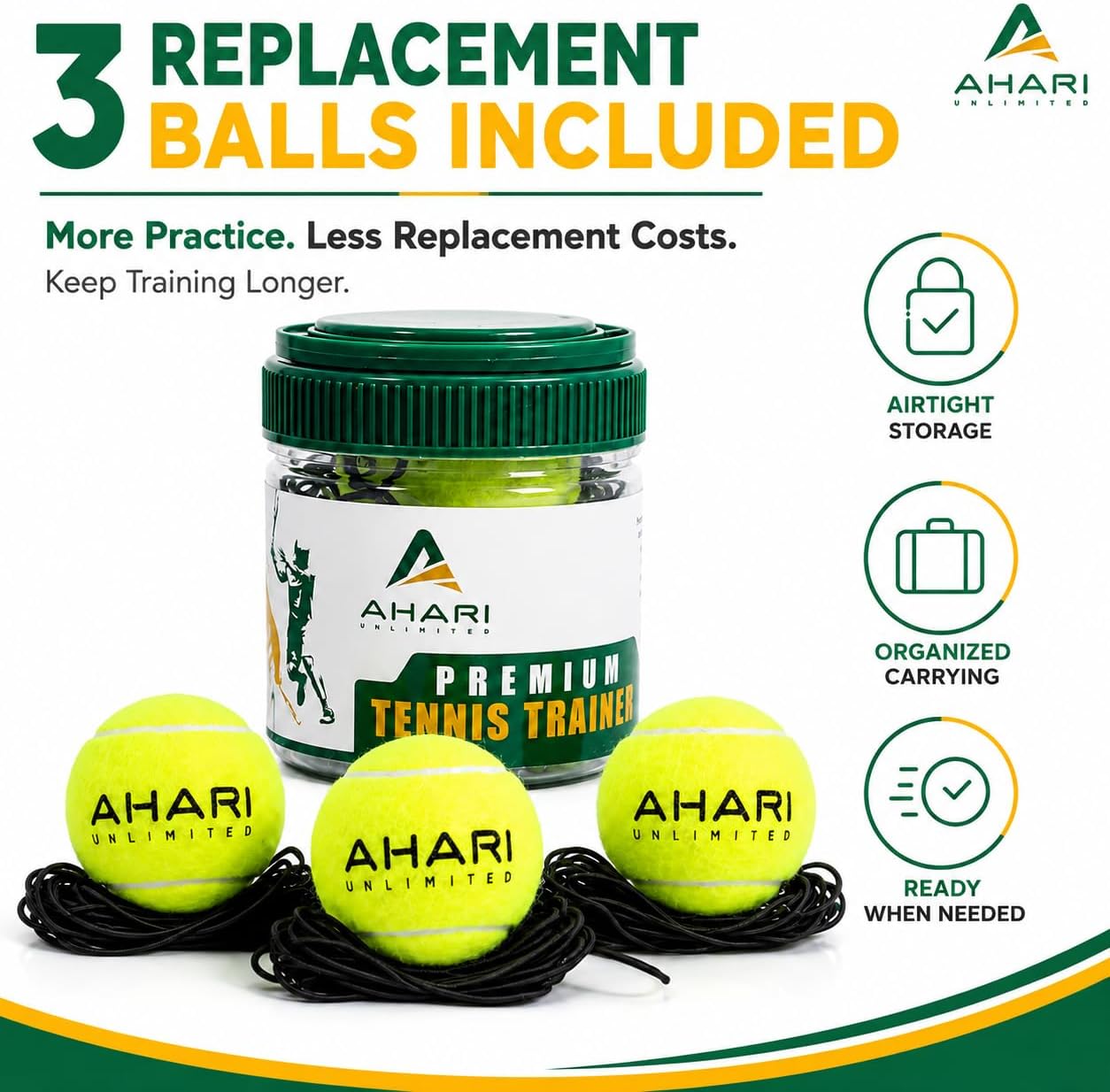 Premium Tennis Trainer Set, Pro Rebounder with Metal Base in a Carrying Cylinder, 3 Replacement Rebound Balls, & Wristband, Portable Tennis Practice Equipment for Solo Training - Tennis Mindset
