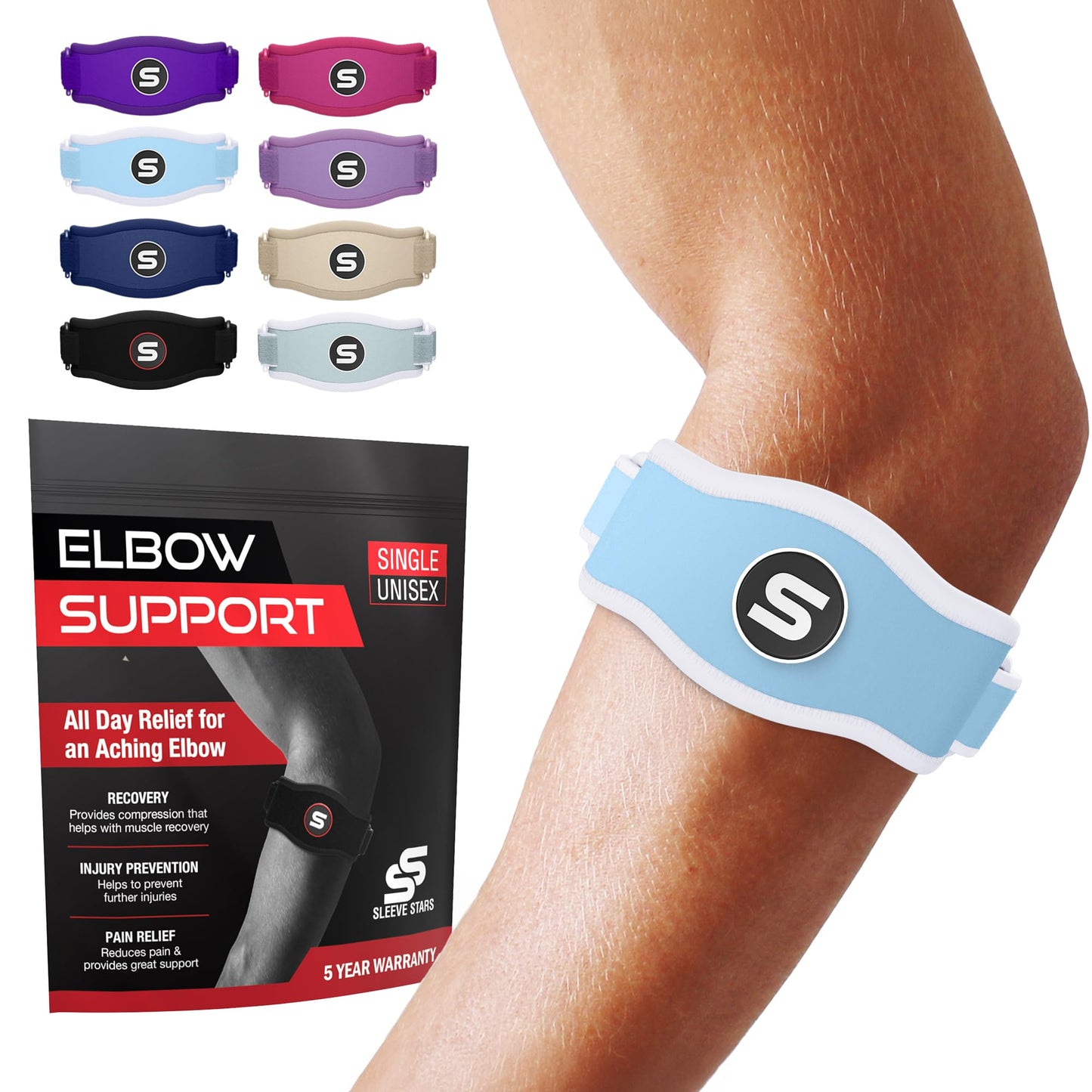 Sleeve Stars Tennis Elbow Brace for Men & Women, Elbow Brace for Tendonitis, Tennis Elbow Strap, Golfers Elbow Brace, Elbow Support Wrap for Tennis Elbow Relief, Fits 9"-23" (Single/Black) - Tennis Mindset