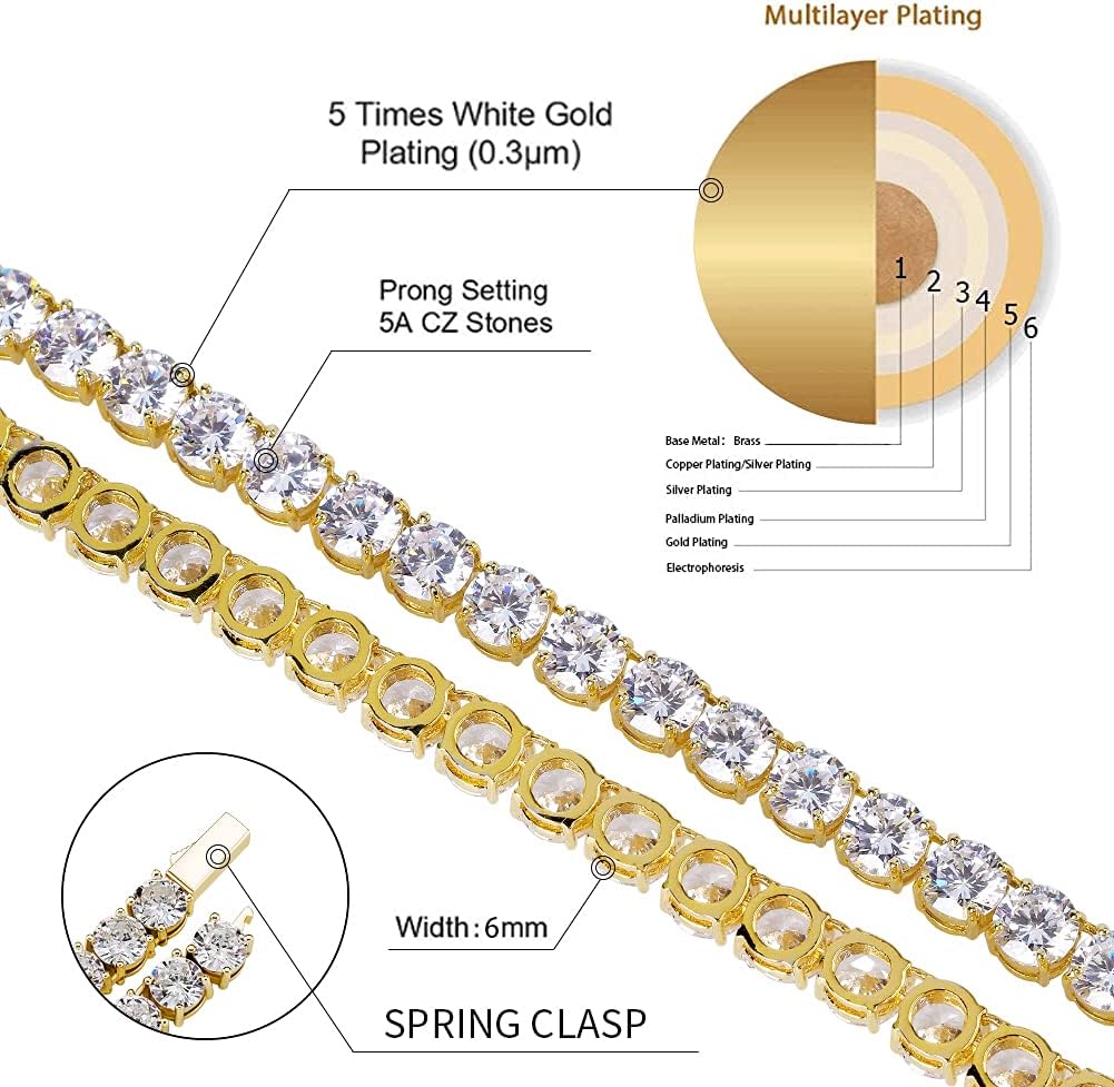 JINAO 6MM Tennis Chain Necklace 18k Gold Plated 1 Row Lab Simulated Diamond Iced Out Cubic Zirconia Chain Men's Hip hop Tennis Choker Necklace Chain for Men Women - Tennis Mindset