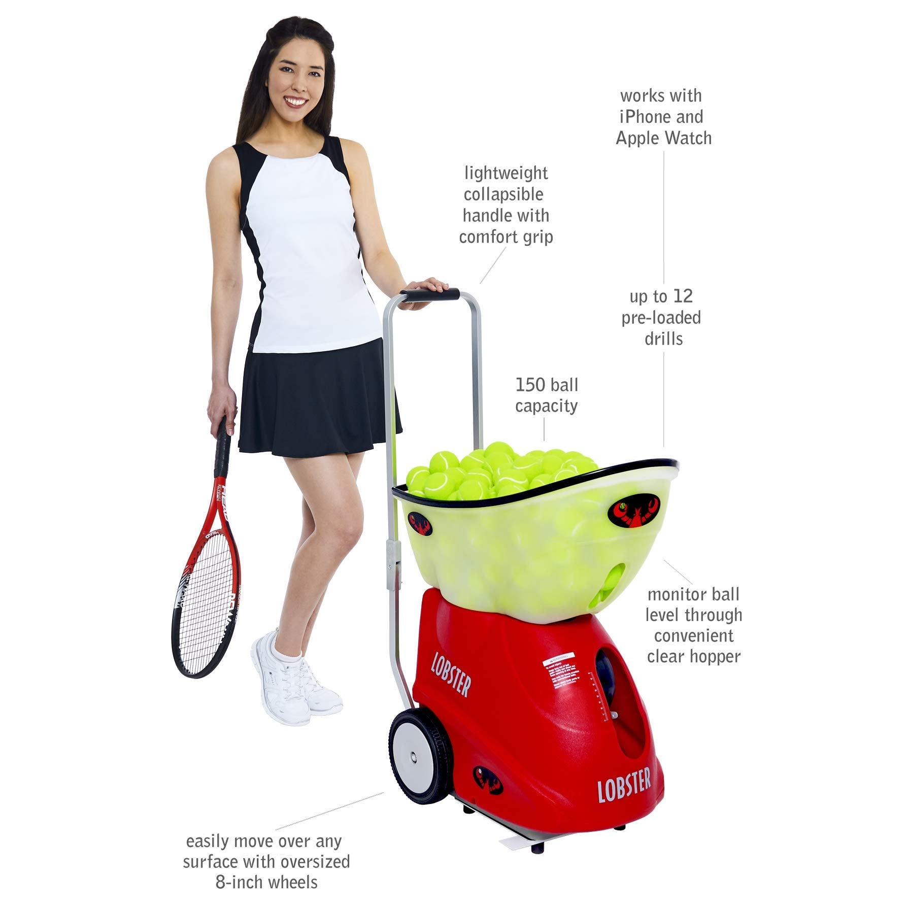 LOBSTER Sports Elite Tennis Ball Machine - Auto Portable Tennis Ball Launcher, Preloaded & Custom Drills, Spin Control, Lob Elevation Switch, Ball Speed (up to 80MPH), with Multi-Function Remote - Tennis Mindset