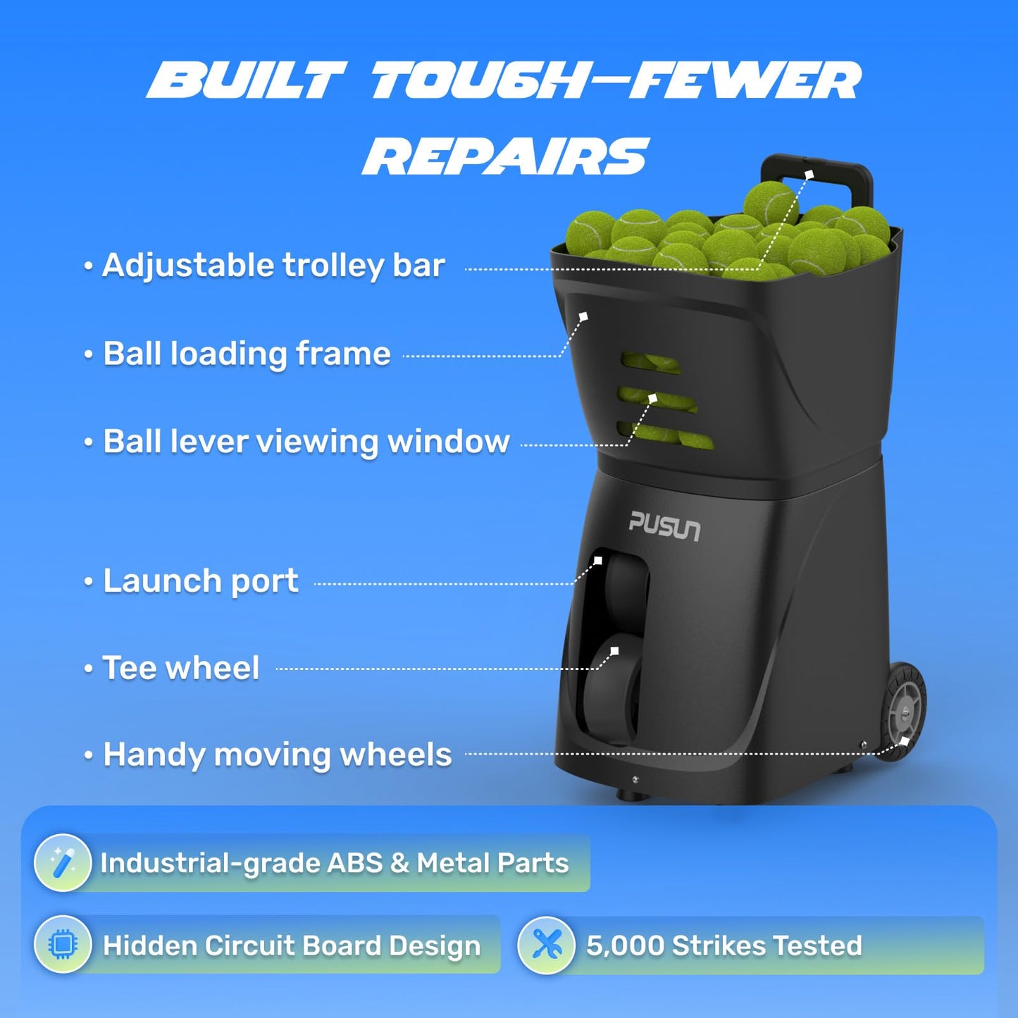 PUSUN｜PT-Smart Tennis Ball Machine: App Control with 12 Built-in Training Modes,6-Level Spin,28-Pt,75 MPH,32.6 lbs,100+ Ball,5H Battery, Portable, for Tennis/Padel,Training, Practice,Beginners to Pros - Tennis Mindset