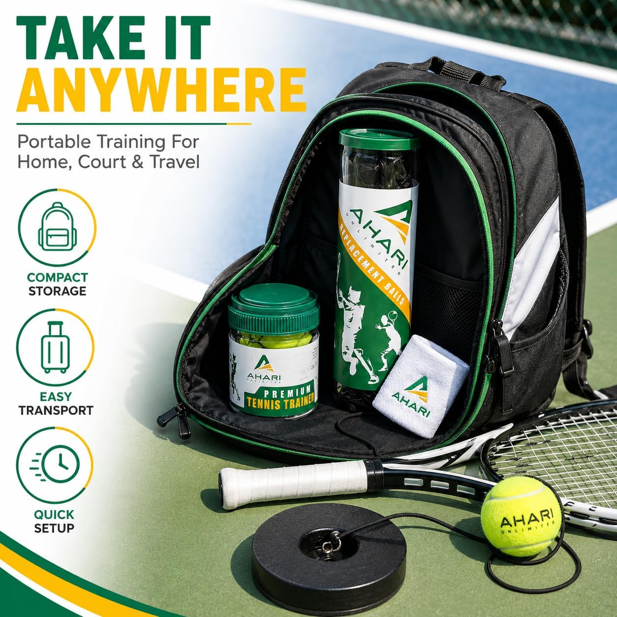 Premium Tennis Trainer Set, Pro Rebounder with Metal Base in a Carrying Cylinder, 3 Replacement Rebound Balls, & Wristband, Portable Tennis Practice Equipment for Solo Training - Tennis Mindset