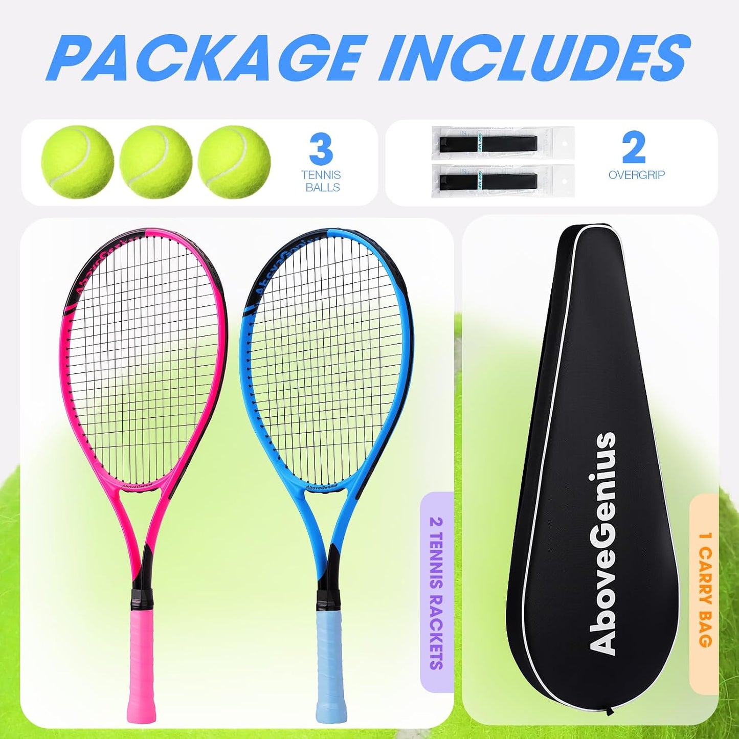 AboveGenius Neon Tennis Rackets 2 Pack for Adults- 27" Lightweight Aluminum Tennis Racquet Set with 3 Balls & Bag- Vibrant High-Visibility Matte Finish for Men Women Beginners - Tennis Mindset