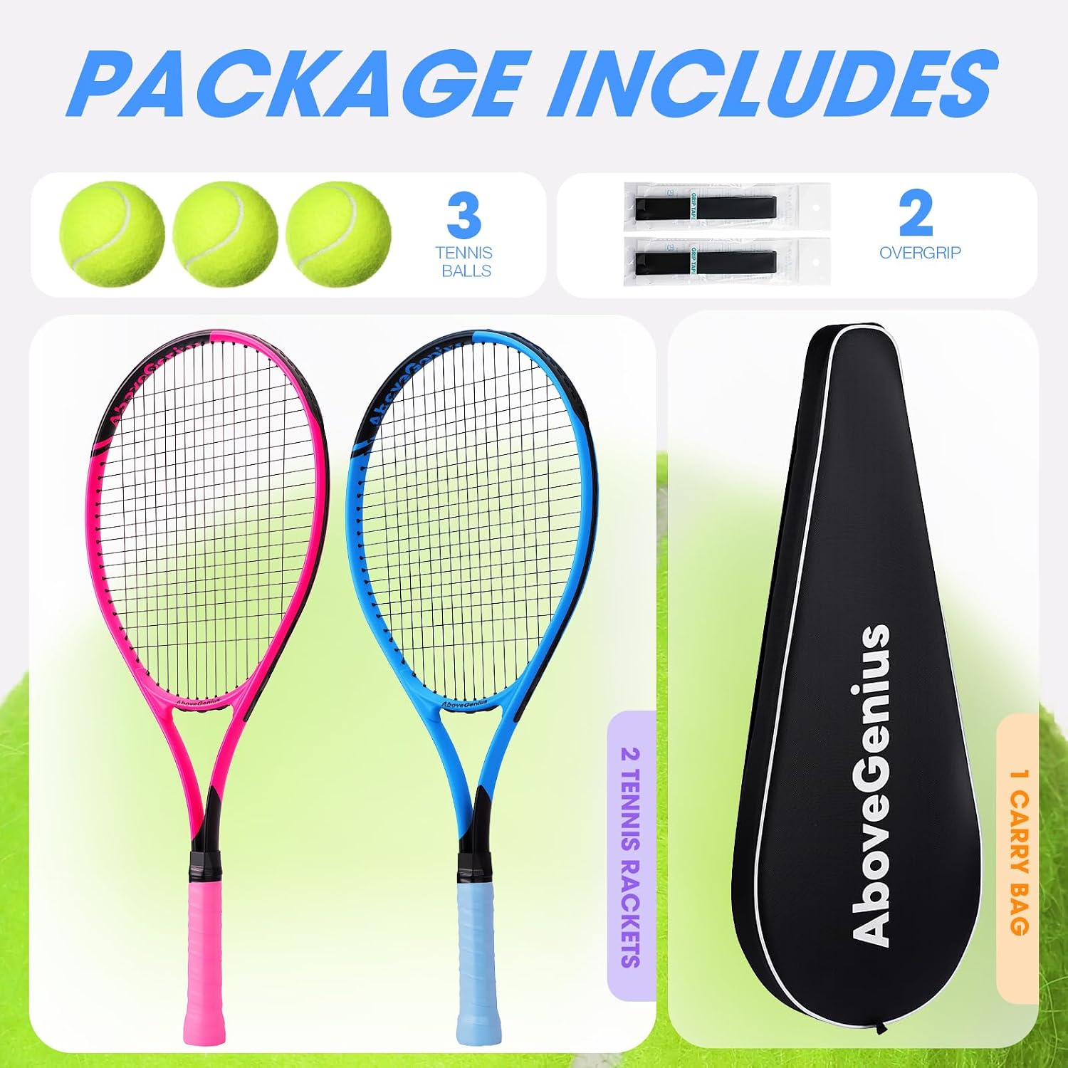 AboveGenius Neon Tennis Rackets 2 Pack for Adults- 27" Lightweight Aluminum Tennis Racquet Set with 3 Balls & Bag- Vibrant High-Visibility Matte Finish for Men Women Beginners - Tennis Mindset