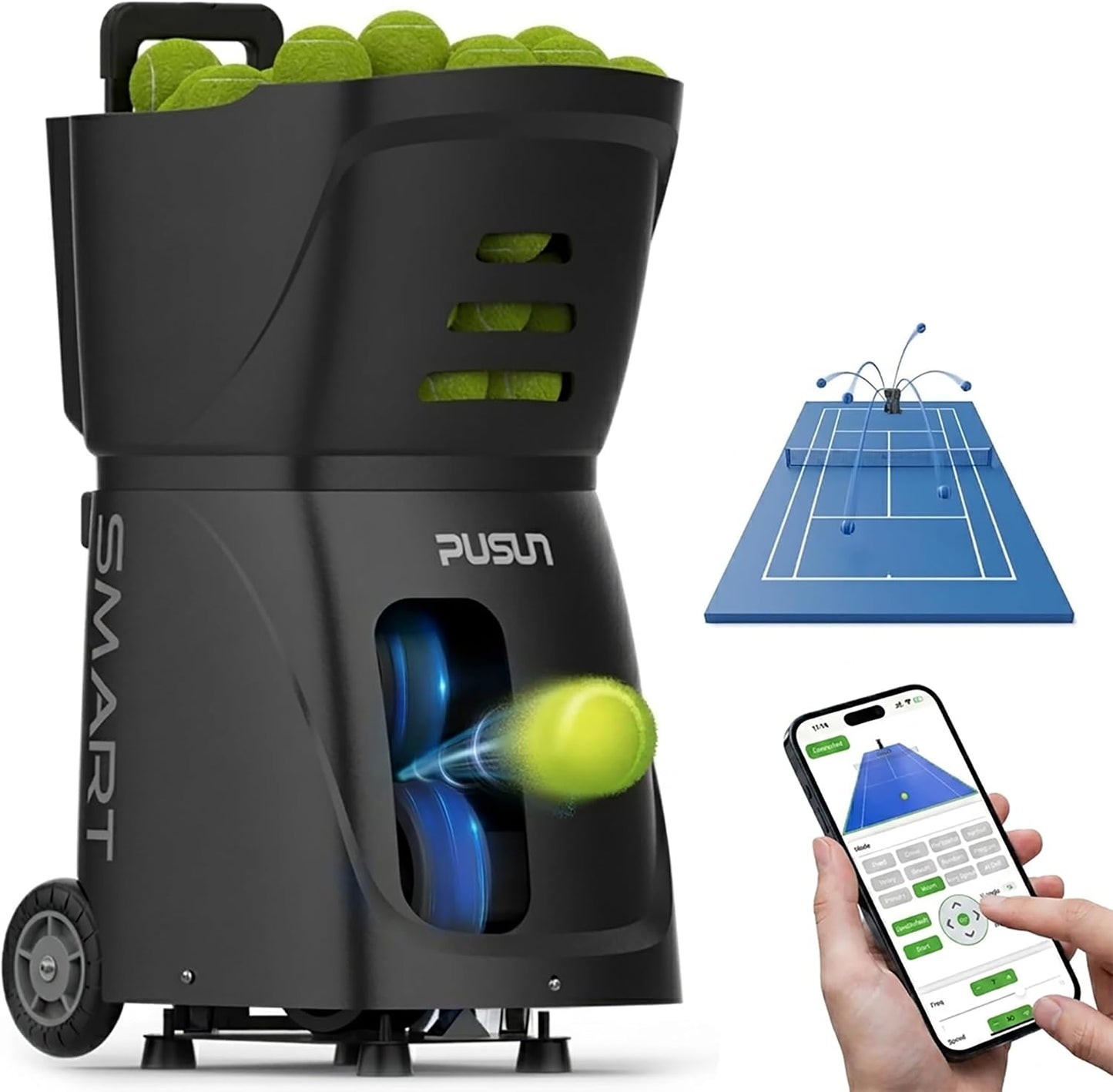 PUSUN｜PT-Smart Tennis Ball Machine: App Control with 12 Built-in Training Modes,6-Level Spin,28-Pt,75 MPH,32.6 lbs,100+ Ball,5H Battery, Portable, for Tennis/Padel,Training, Practice,Beginners to Pros - Tennis Mindset