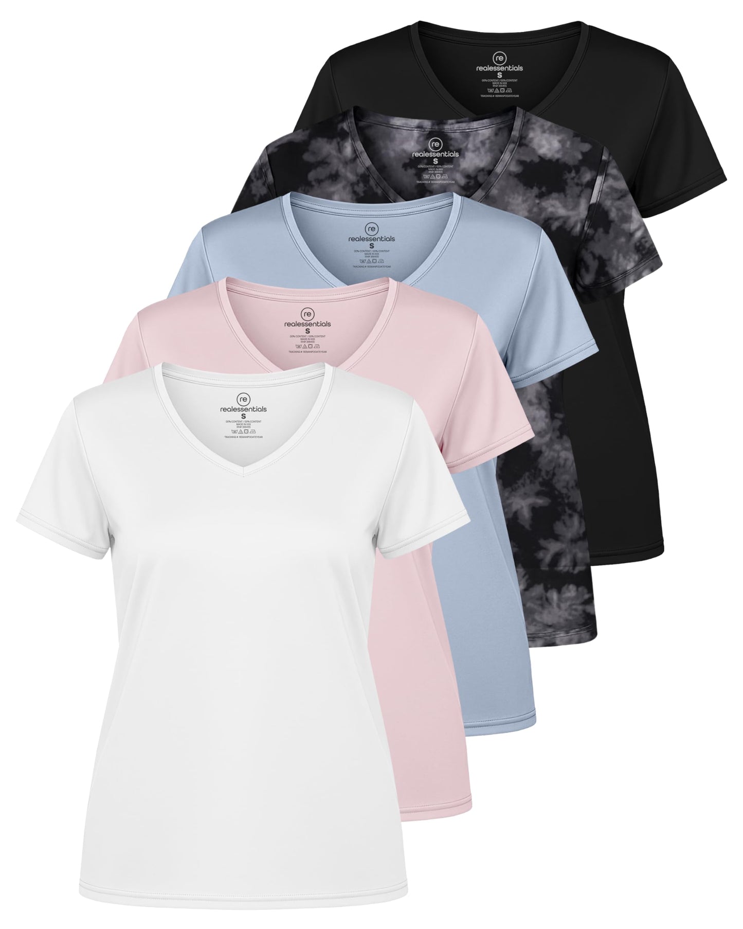 Real Essentials 5 Pack: Women's Dry-Fit Short Sleeve V Neck T Shirt Workout Fitness Yoga Top Tee (Available in Plus Size)