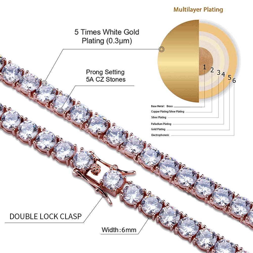 JINAO 6MM Tennis Chain Necklace 18k Gold Plated 1 Row Lab Simulated Diamond Iced Out Cubic Zirconia Chain Men's Hip hop Tennis Choker Necklace Chain for Men Women - Tennis Mindset