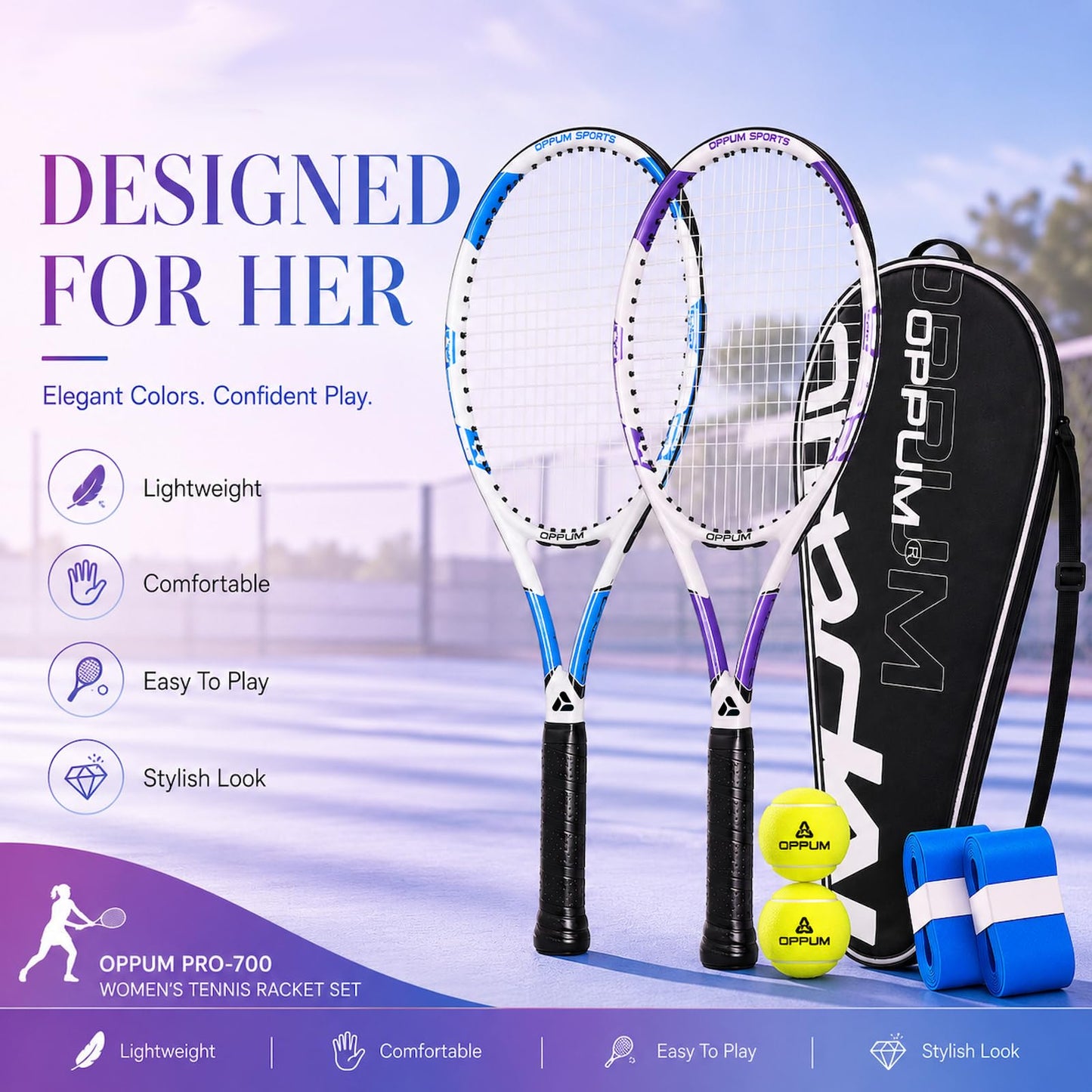Adult Tennis Racket Set of 2, 27 Inch Pre-Strung for Beginners