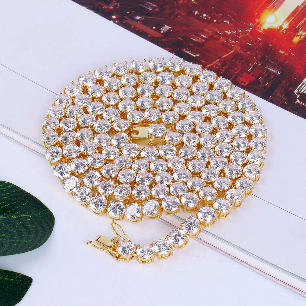 JINAO 6MM Tennis Chain Necklace 18k Gold Plated 1 Row Lab Simulated Diamond Iced Out Cubic Zirconia Chain Men's Hip hop Tennis Choker Necklace Chain for Men Women - Tennis Mindset