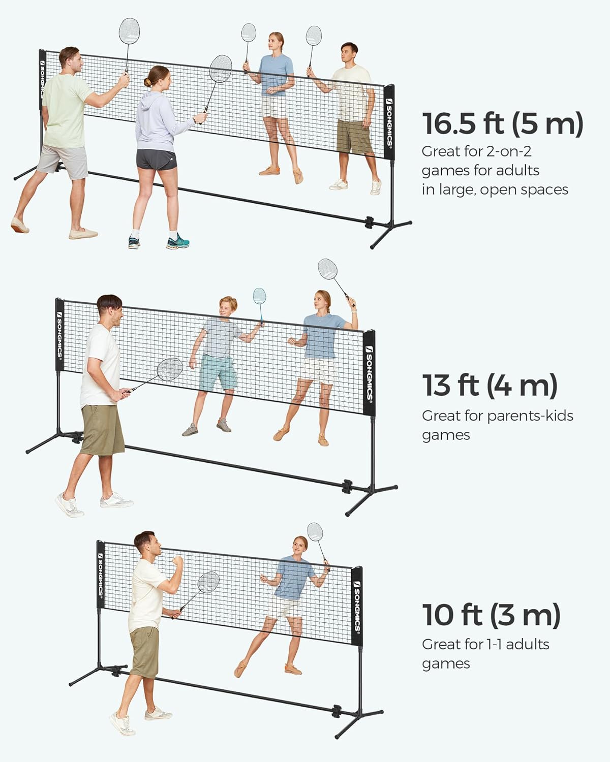 SONGMICS Badminton Net, Height Adjustable Volleyball Net, Pickleball Net for Junior Tennis, Kids, Indoor Outdoor Court, Foldable Nylon Net with Poles 10ft/13ft/16.5ft Wide - Tennis Mindset