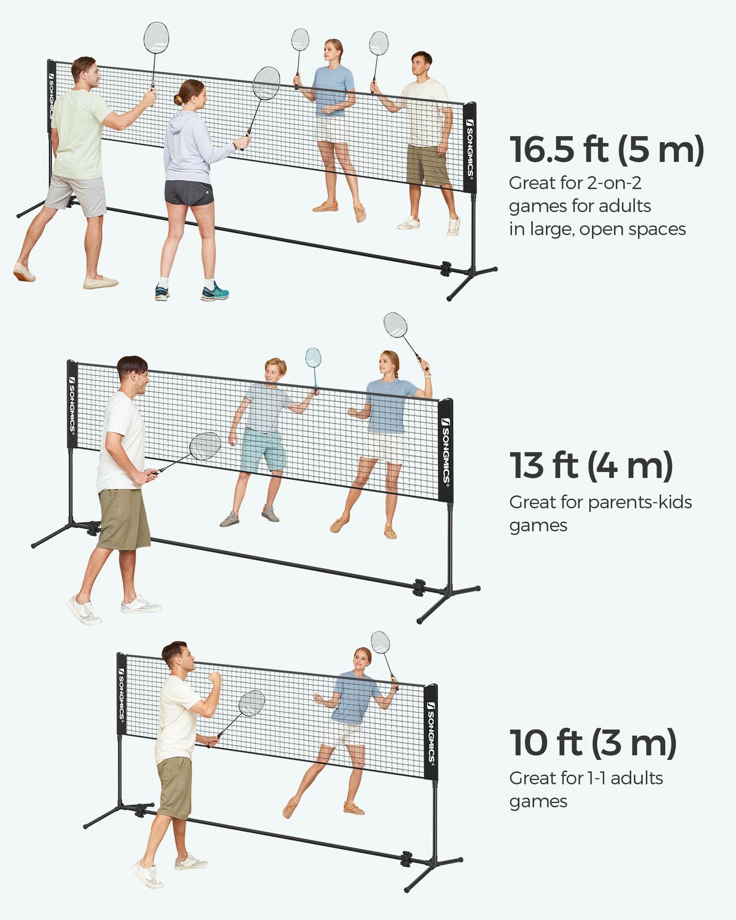 SONGMICS Badminton Net, Height Adjustable Volleyball Net, Pickleball Net for Junior Tennis, Kids, Indoor Outdoor Court, Foldable Nylon Net with Poles 10ft/13ft/16.5ft Wide - Tennis Mindset
