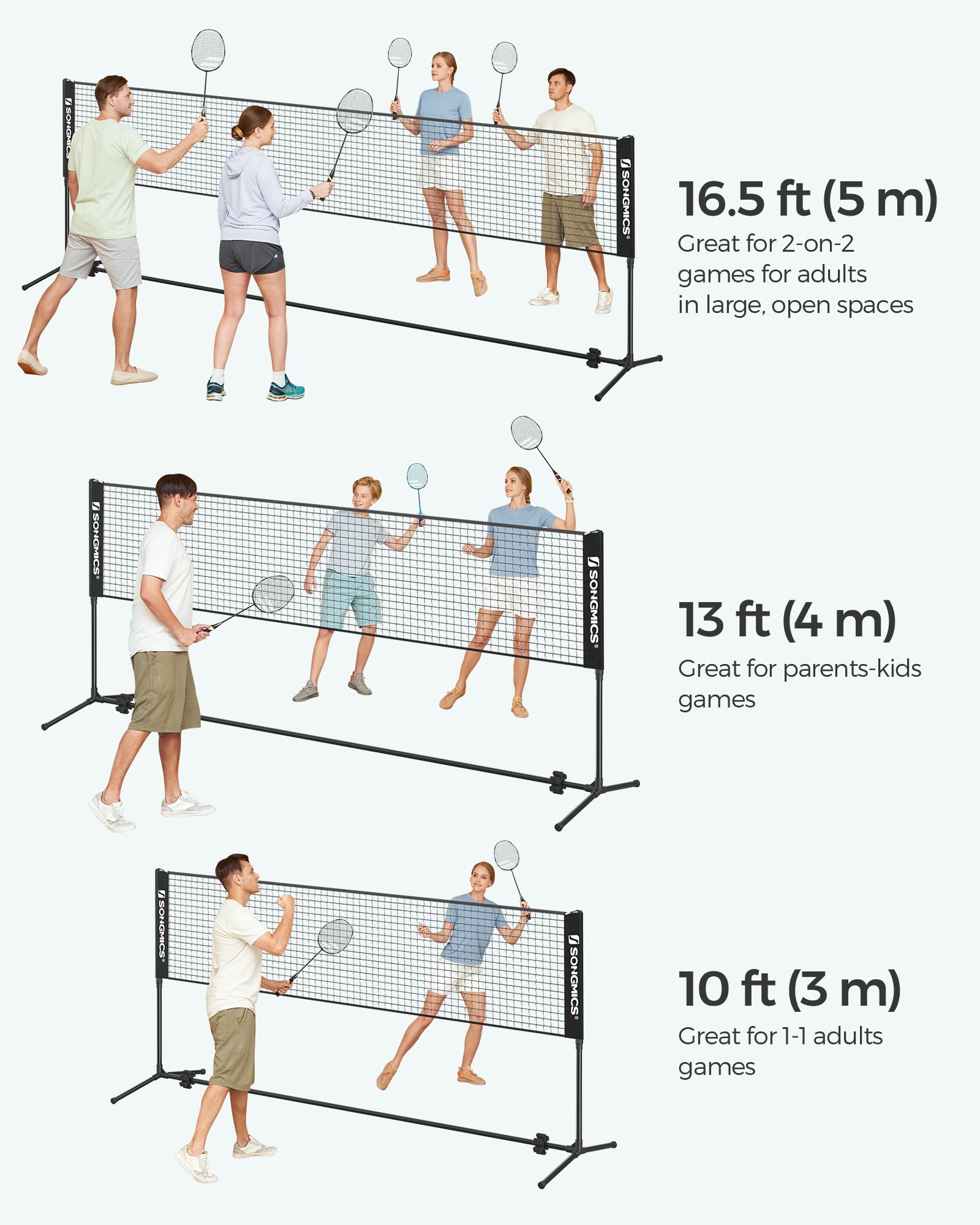 SONGMICS Badminton Net, Height Adjustable Volleyball Net, Pickleball Net for Junior Tennis, Kids, Indoor Outdoor Court, Foldable Nylon Net with Poles 10ft/13ft/16.5ft Wide - Tennis Mindset