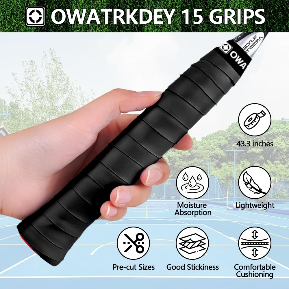 15 Pack Tennis Racket Grip Tape, Precut PU Anti-Slip Tennis Racquet Grip Tape with Dry Feel, Sweat Absorption, Comfortable Handle Overgrip Grip Wrap for Tennis/Badminton/Pickleball