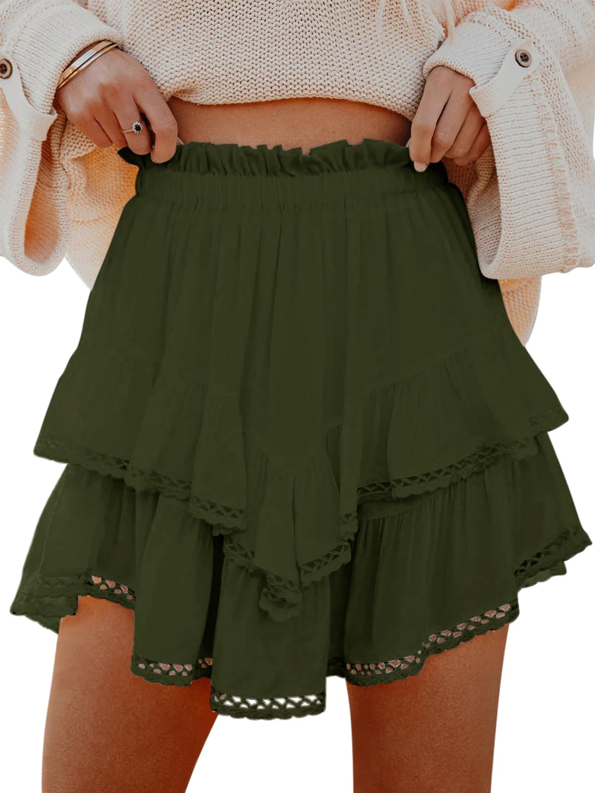 Aoudery Flowy Shorts for Women Casual Boho Ruffle Tiered Skorts High Waist Mini Skirts Golf Tennis Crochet Shorts - Tennis Mindset