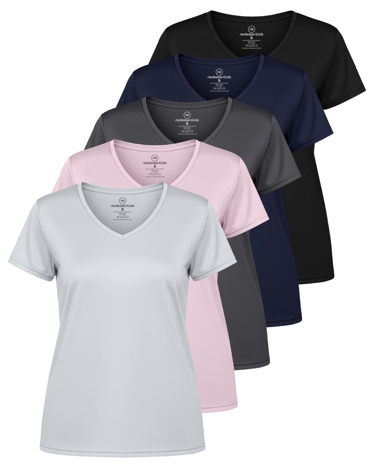 Real Essentials 5 Pack: Women's Dry-Fit Short Sleeve V Neck T Shirt Workout Fitness Yoga Top Tee (Available in Plus Size)
