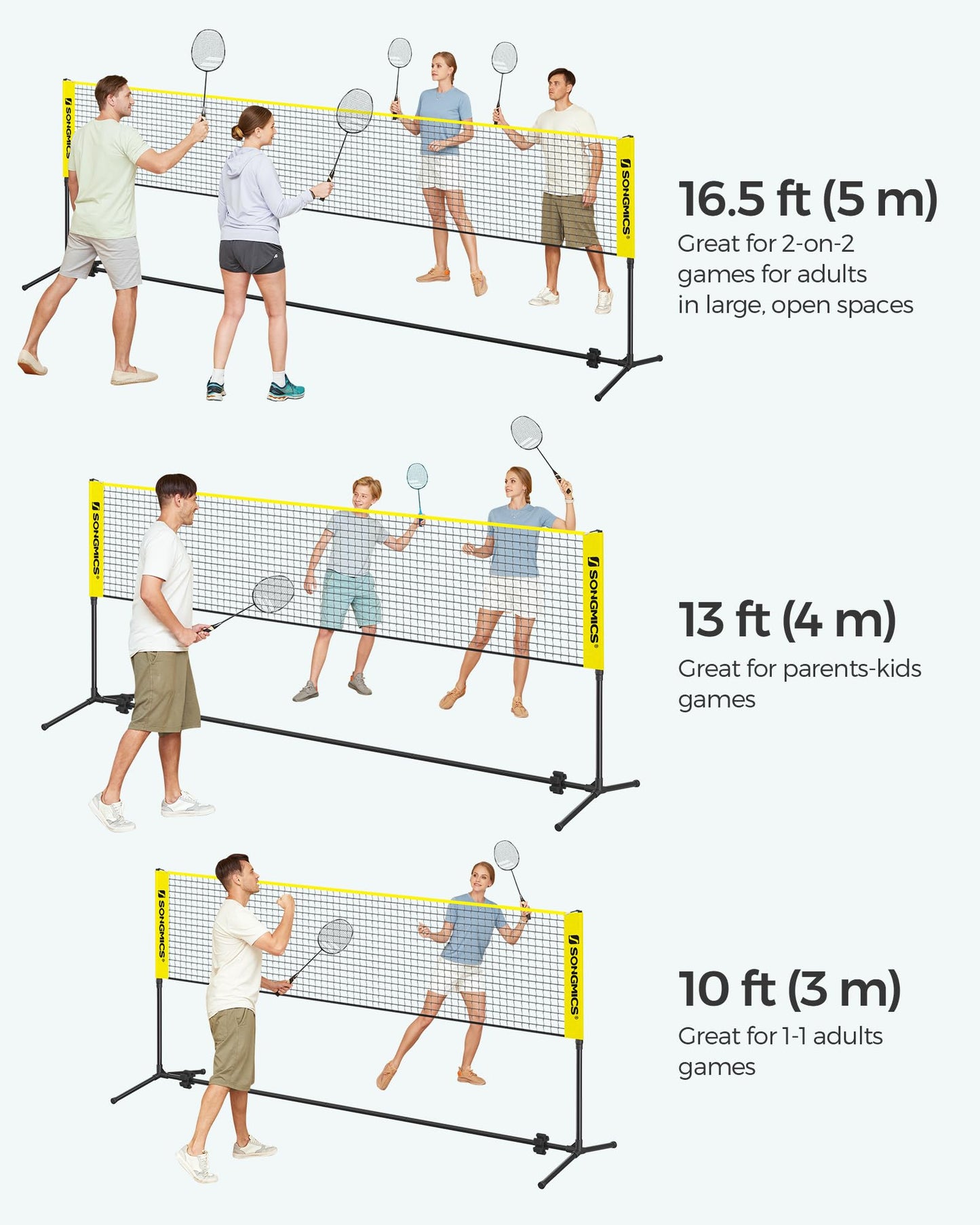 SONGMICS Badminton Net, Height Adjustable Volleyball Net, Pickleball Net for Junior Tennis, Kids, Indoor Outdoor Court, Foldable Nylon Net with Poles 10ft/13ft/16.5ft Wide - Tennis Mindset