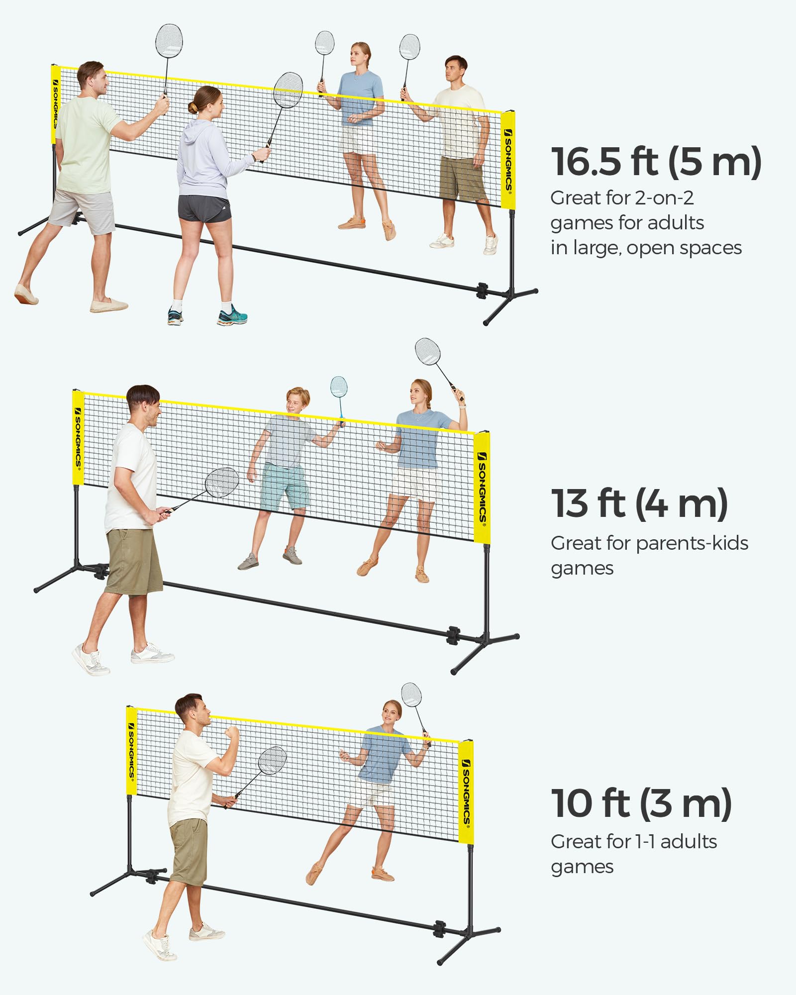 SONGMICS Badminton Net, Height Adjustable Volleyball Net, Pickleball Net for Junior Tennis, Kids, Indoor Outdoor Court, Foldable Nylon Net with Poles 10ft/13ft/16.5ft Wide - Tennis Mindset