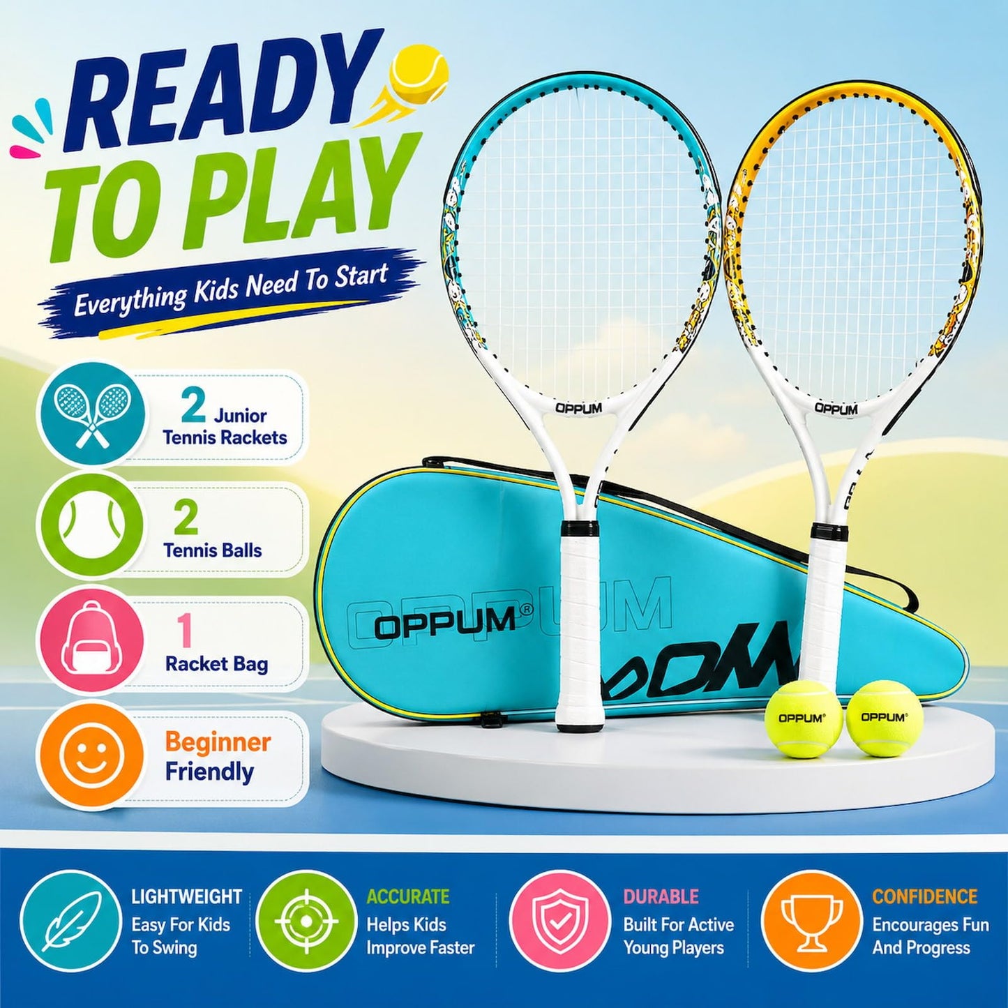 2-Pack Kids Tennis Racket Set, Junior Racquets with Bag and Balls - Tennis Mindset