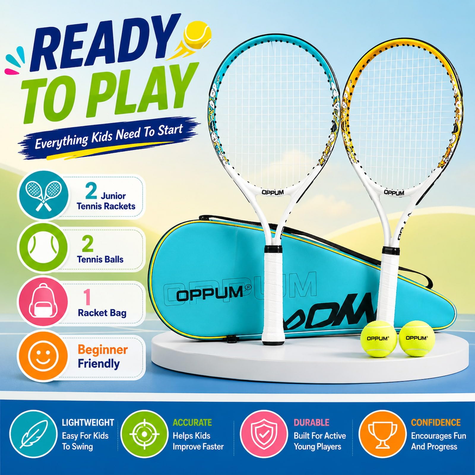 2-Pack Kids Tennis Racket Set, Junior Racquets with Bag and Balls - Tennis Mindset