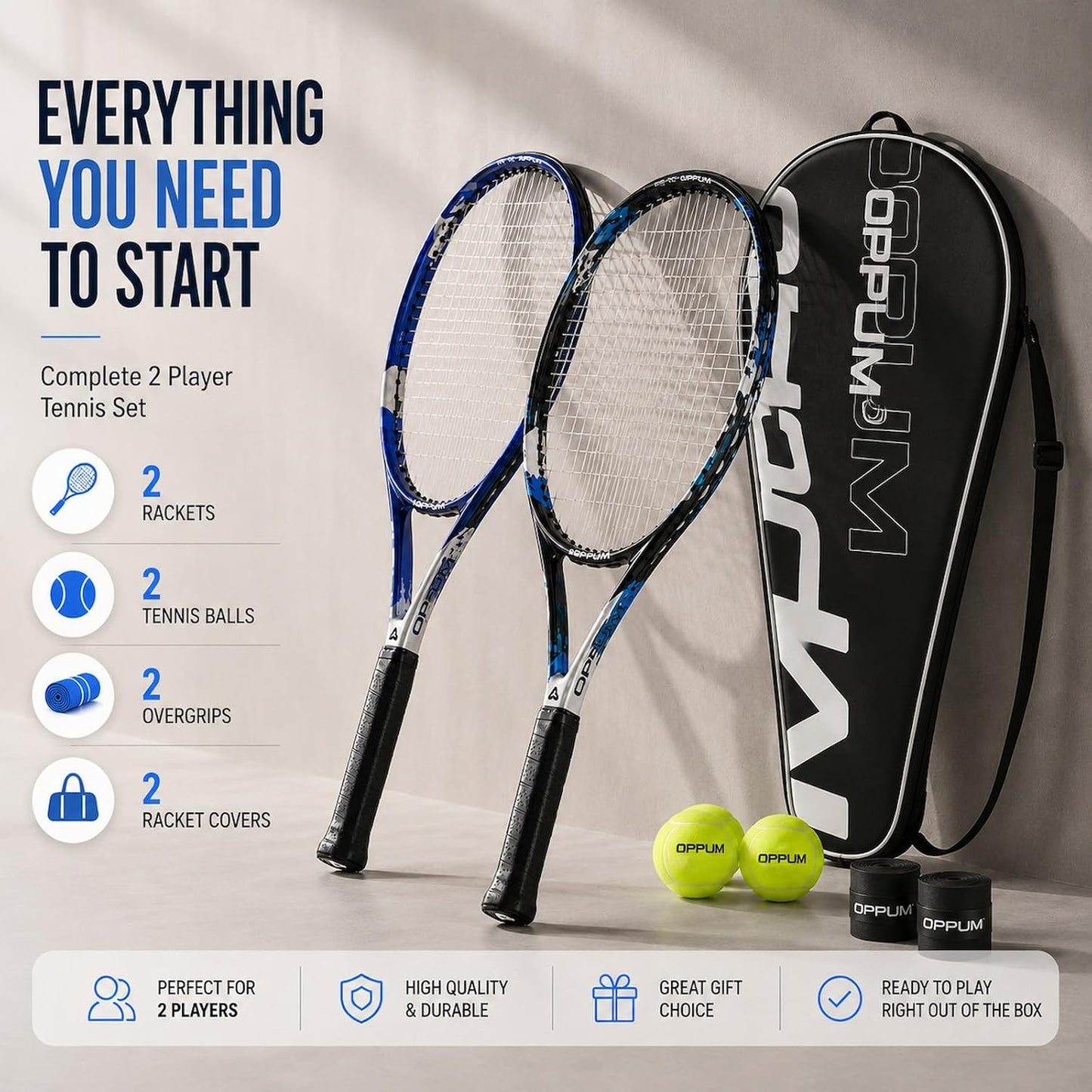 Adult Tennis Racket Set of 2, 27 Inch Pre-Strung for Beginners
